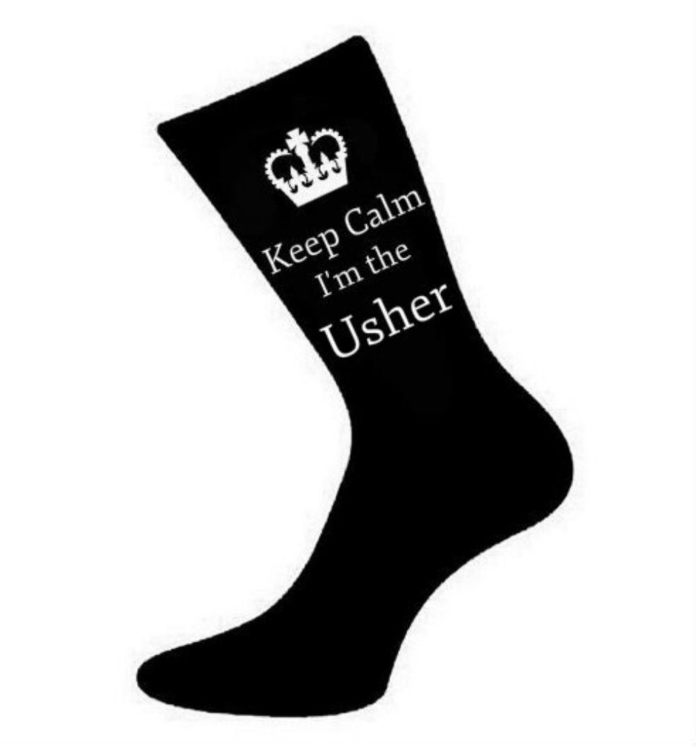 Keep Calm I'm The Usher Funny Novelty Socks for Men - Black Dress Socks for Ushers, Groomsmen & Wedding Party (Perfect for Weddings, Parties & Gifts)
