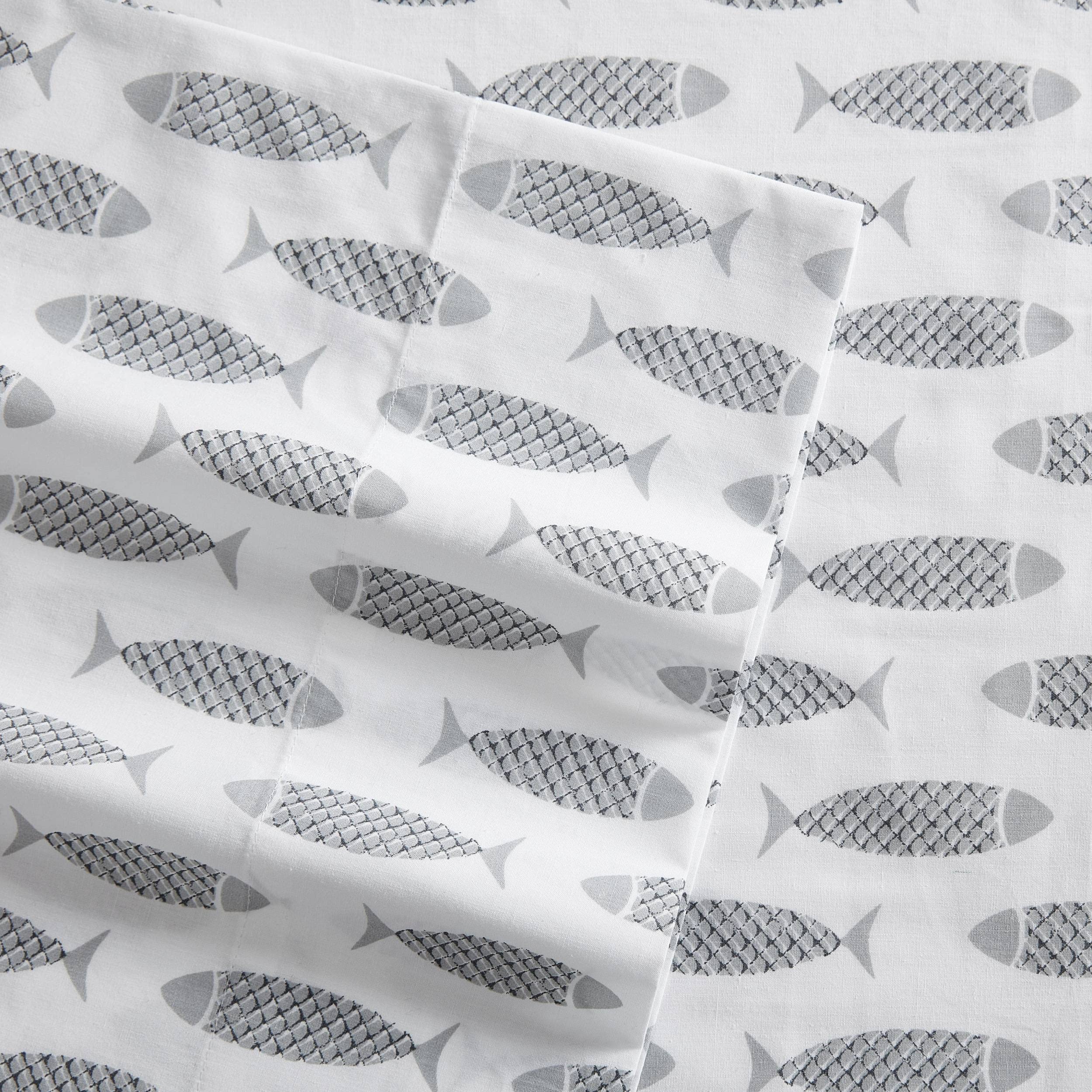 Nautica Twin Sheets - 100% Cotton Percale Bedding Set, Coastal Style Woodblock Fish Grey Design for Twin Beds | Soft & Breathable for Comfortable Sleep | Perfect for Beach House, Guest Room or Kids' Bedroom