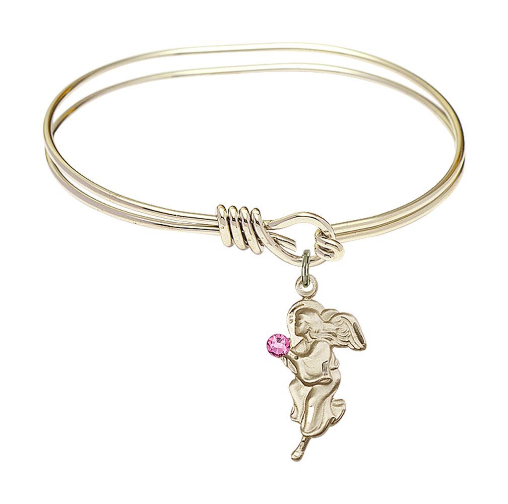 5 3/4 Inch Oval Eye Hook Bangle Bracelet with Guardian Angel Medal Charm & Rose Crystal - Elegant Jewelry for Women, Gift for Birthday, Anniversary, Christmas, and Everyday Wear