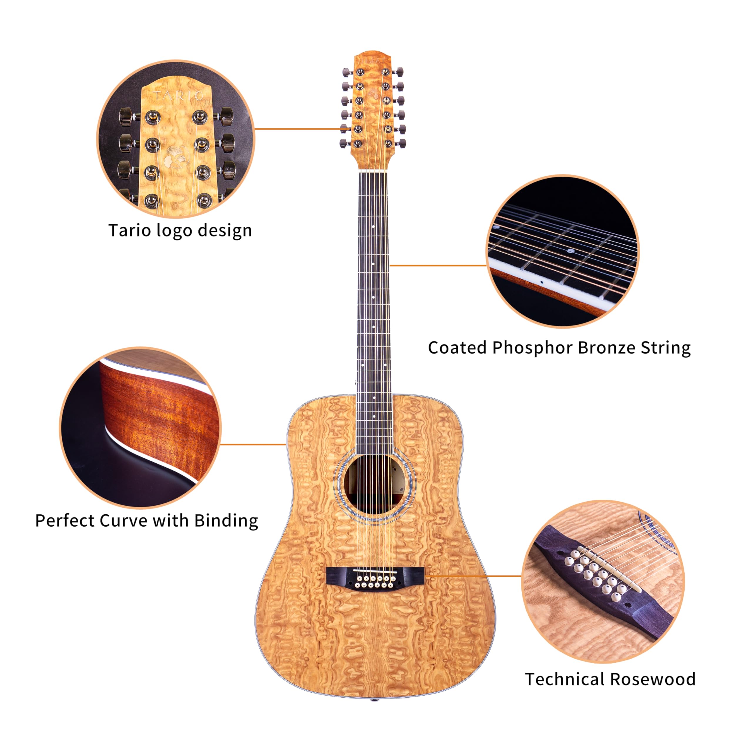 Premium Left-Handed 12-String Acoustic Guitar - Curly Ash Top, Mahogany Back & Sides, Okoume Neck - Perfect for Folk, Blues & Fingerstyle Performances