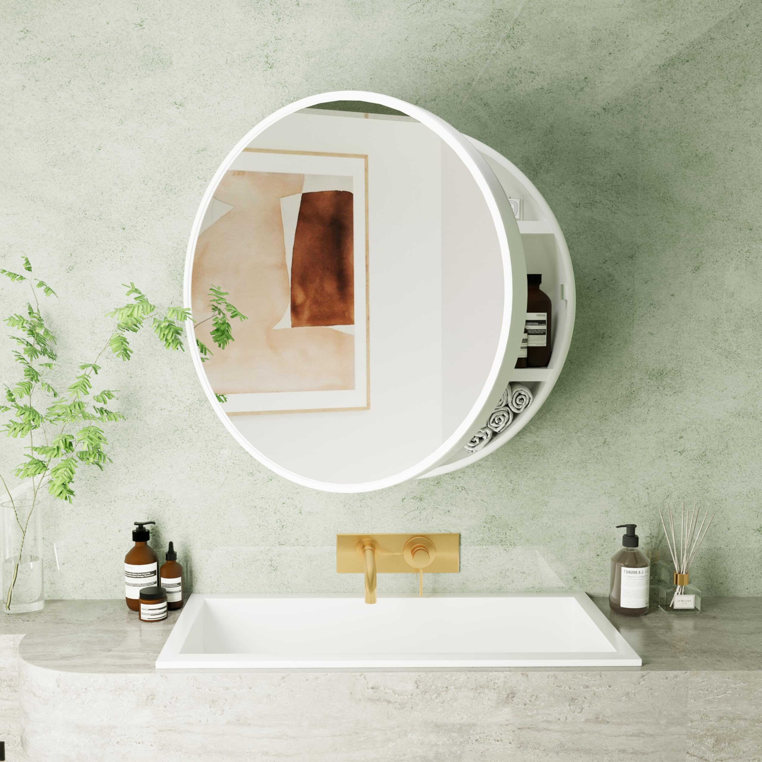 Round Medicine Cabinet Mirror with Shelf - Bathroom Wall Mounted Storage Cabinet with Vanity Mirror, Surface Mount Above Toilet Organizer (White) - Perfect for Small Bathrooms, Powder Rooms & Apartment Living