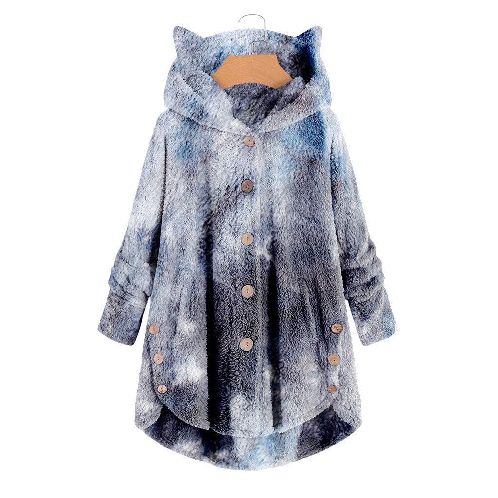 Women's Winter Fashion Plush Pocket Tie-Dye Long Sleeve Cat Ear Warm Coat - Cozy Casual Outerwear for Cold Weather, Street Style & Cat Lovers