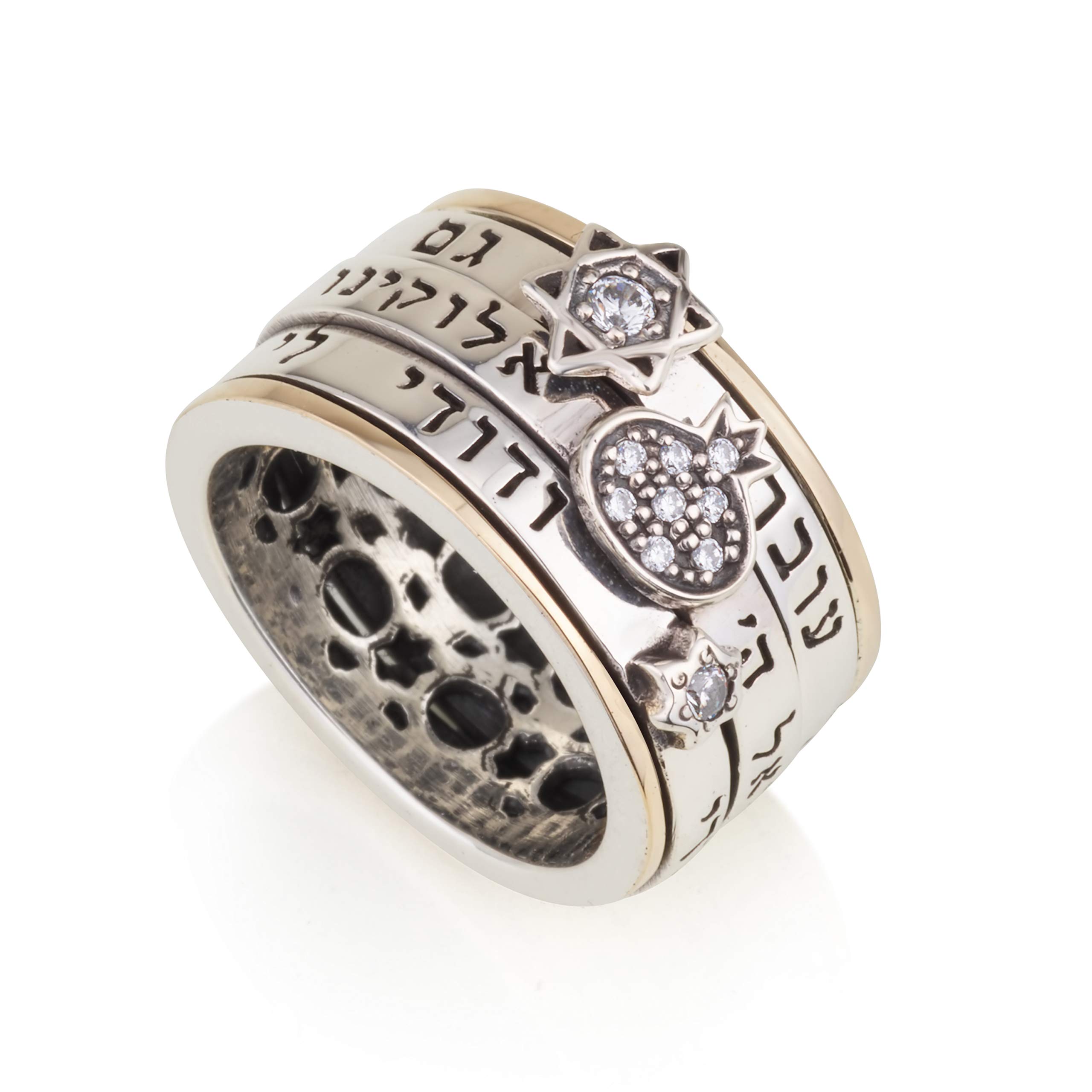 925 Sterling Silver Spinner Rings - 9k Gold Star of David with Pomegranate, Shema & Song of Solomon Rings - Kabbalah Bible Blessing Jewelry for Women - Unique Spiritual Gifts from Holy Land - Perfect for Jewish Holidays, Weddings & Daily Wear