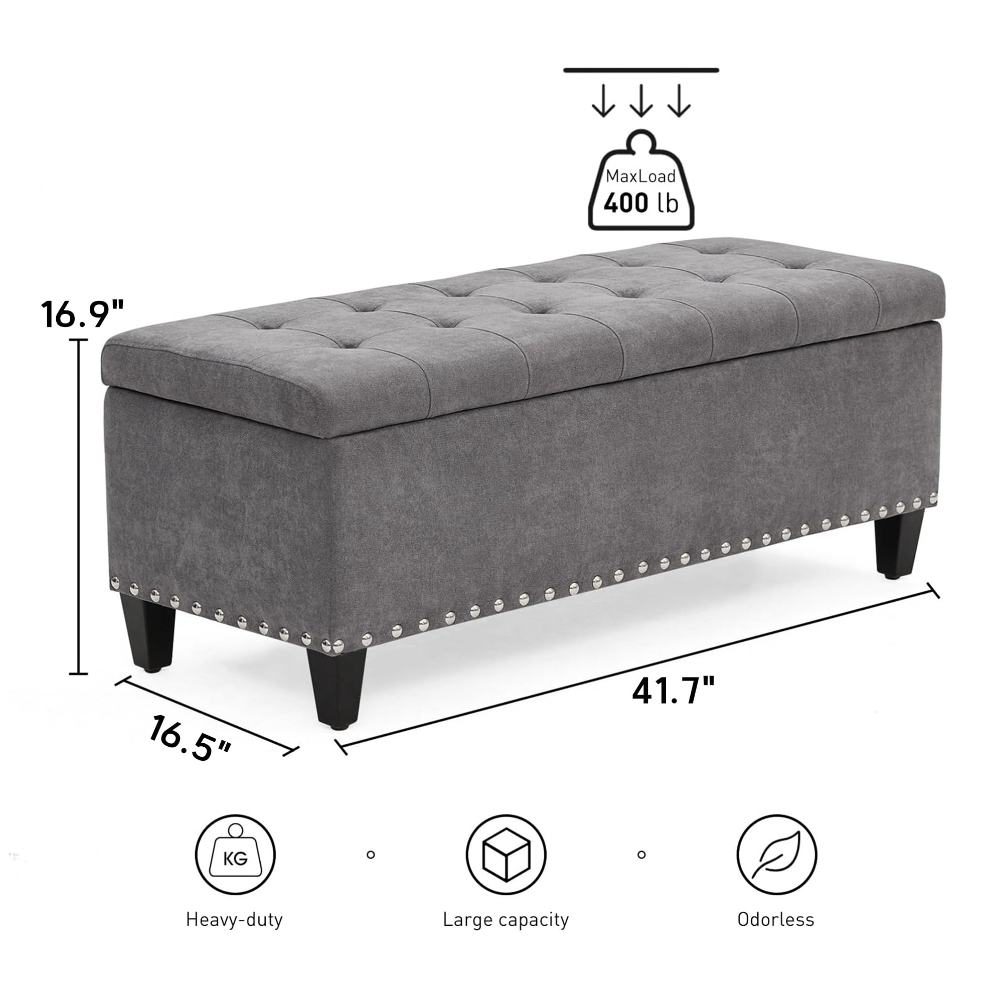 HUIMO 41-inch Upholstered Fabric Storage Ottoman Bench with Safety Hinge - Button-Tufted Design, Grey - Multi-Functional Footrest & Seat for Bedroom, Living Room, Entryway - Perfect as Bed End Bench, Coffee Table Alternative & Extra Storage Solution