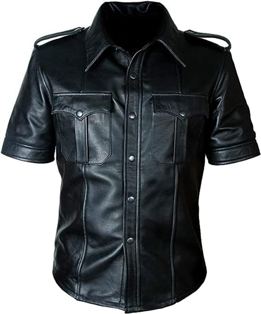 Genuine Sheep Leather Police Uniform Shirt for Men - Premium Real Leather Tactical Shirt for Law Enforcement, Cosplay & BLUF Events - Durable & Stylish Leather Shirt for Gay Men & Fashion Enthusiasts