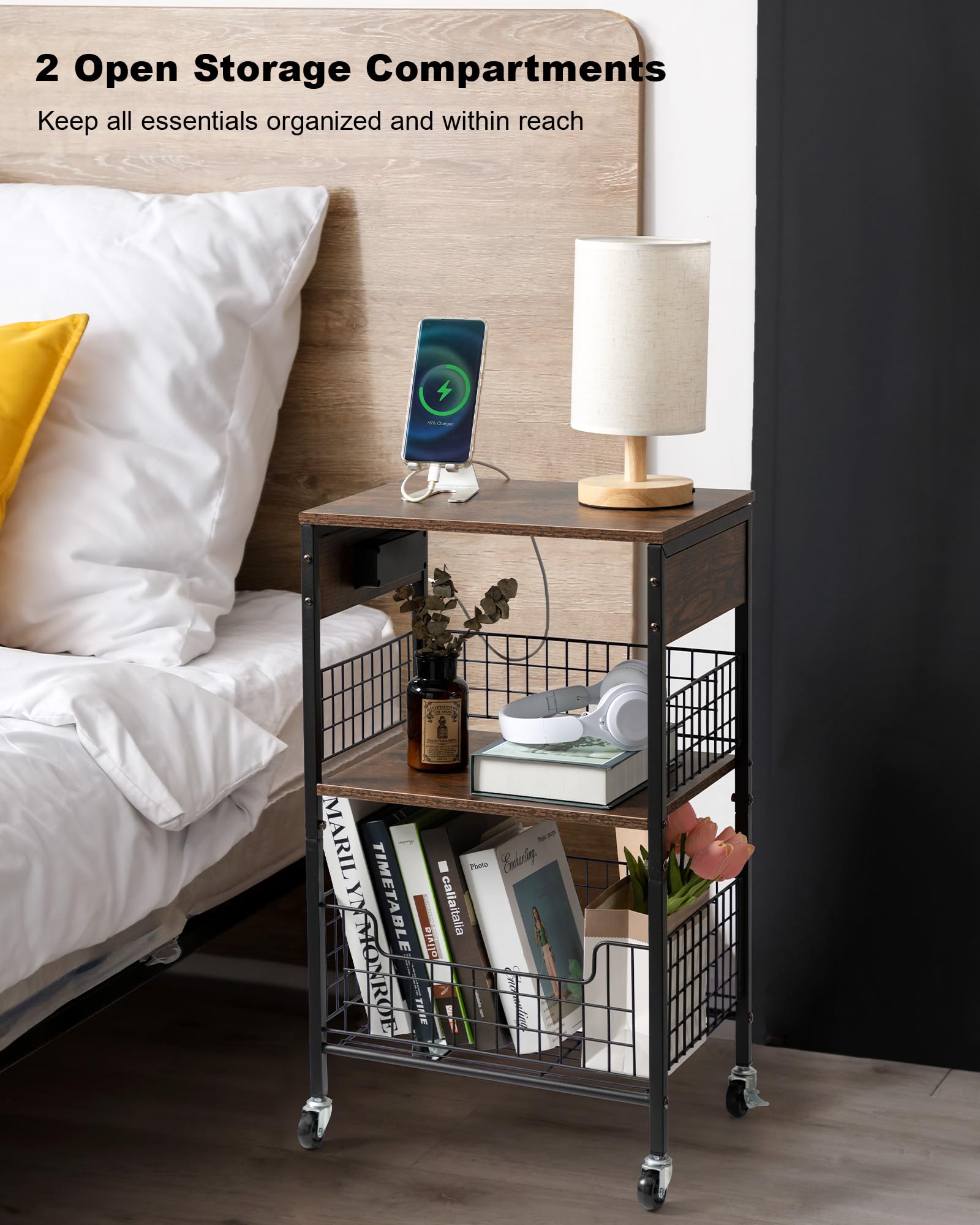 Hadulcet 3-Tier End Table with USB Charging Station & Storage Basket - Rustic Brown Metal Side Table for Living Room, Bedroom, Office - Perfect for Small Spaces, Nightstand Use & Home Organization