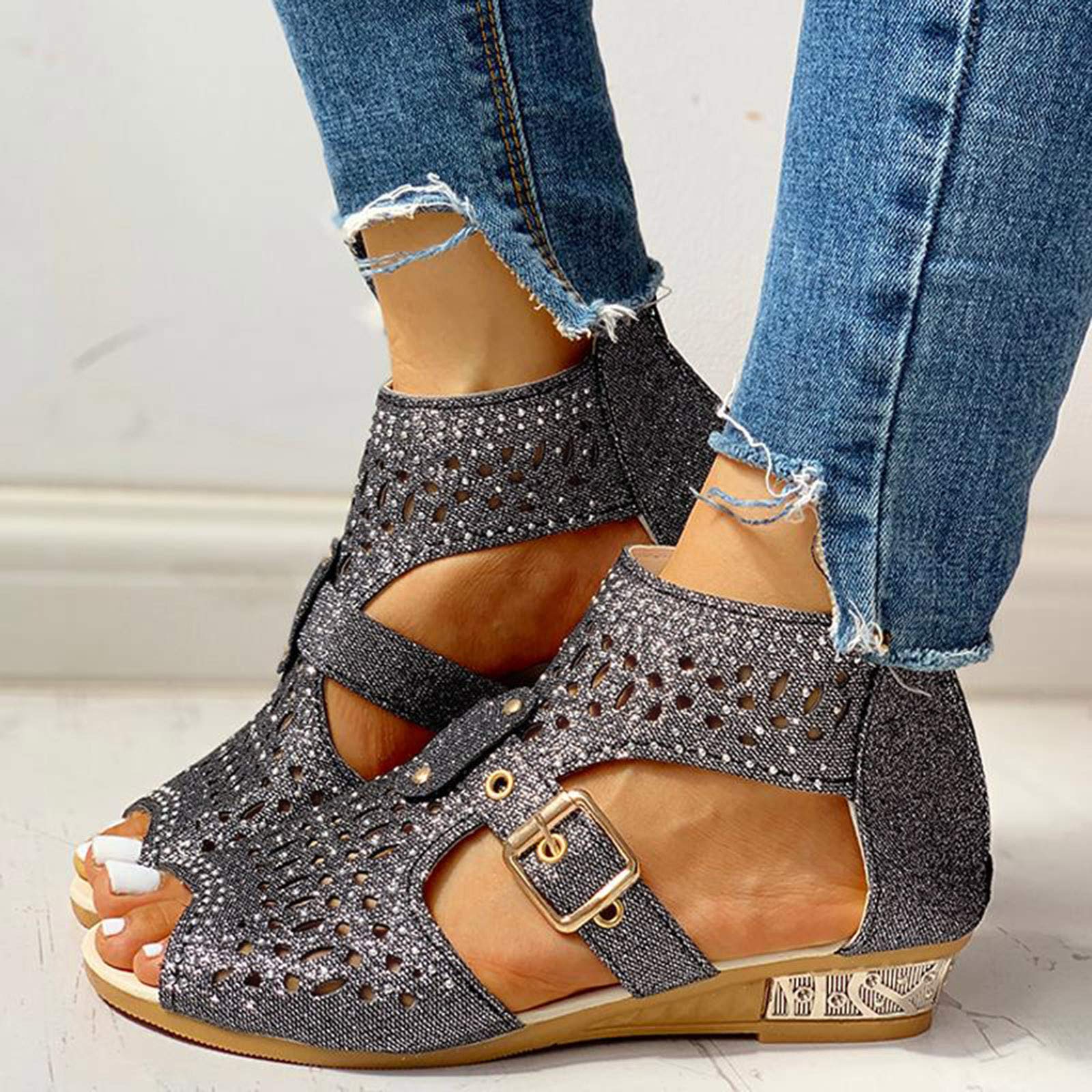 Elegant Women's Gladiator Sandals with Crystal Zip-Up Detail - Open Toe Low Wedge Dressy Summer Sandals for Casual Outings, Beach Vacations & Evening Events