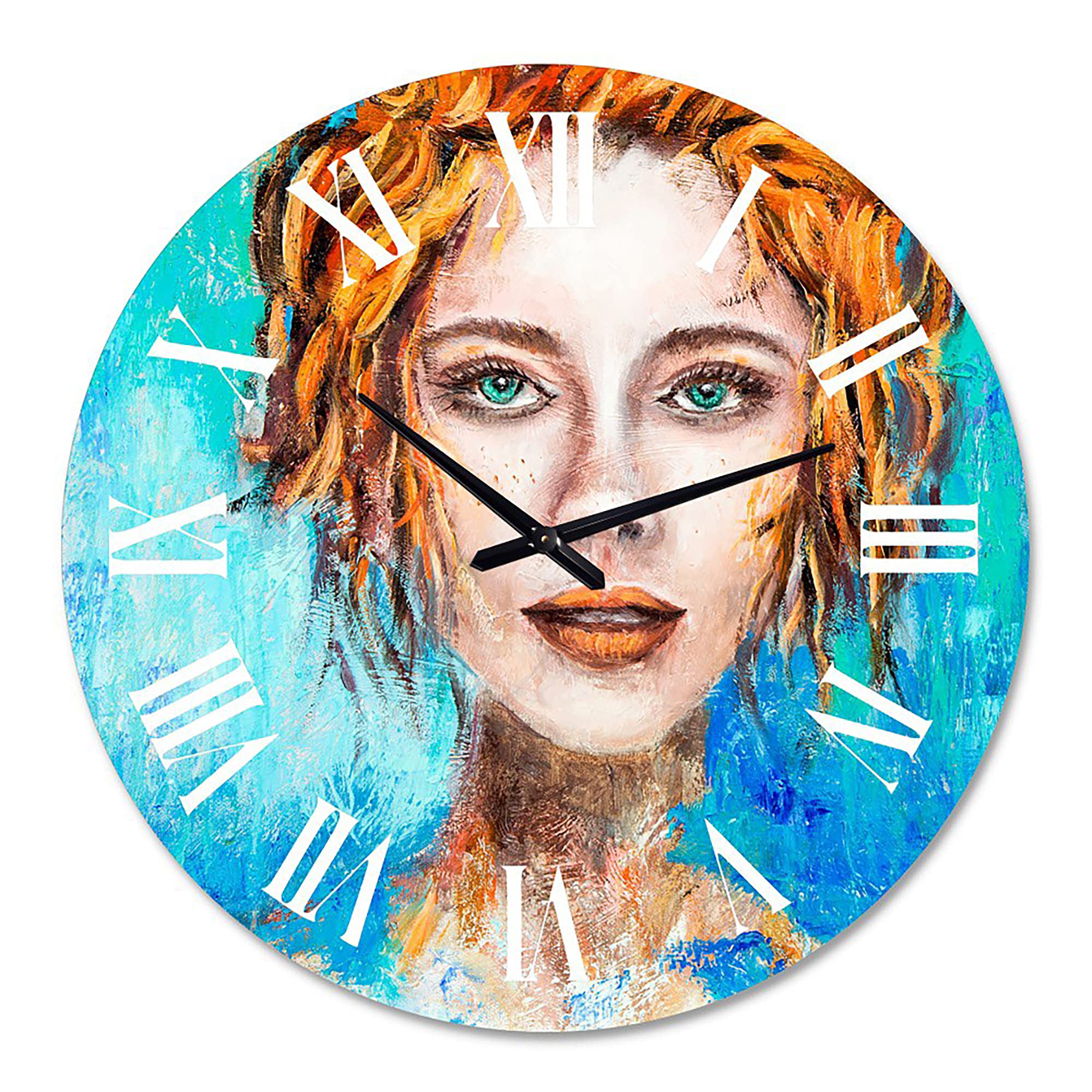 DesignQ Modern Abstract Wall Clock - Woman Face with Green Eyes & Red Hair, Large Fractal Art Home Decor for Living Room, Bedroom & Office