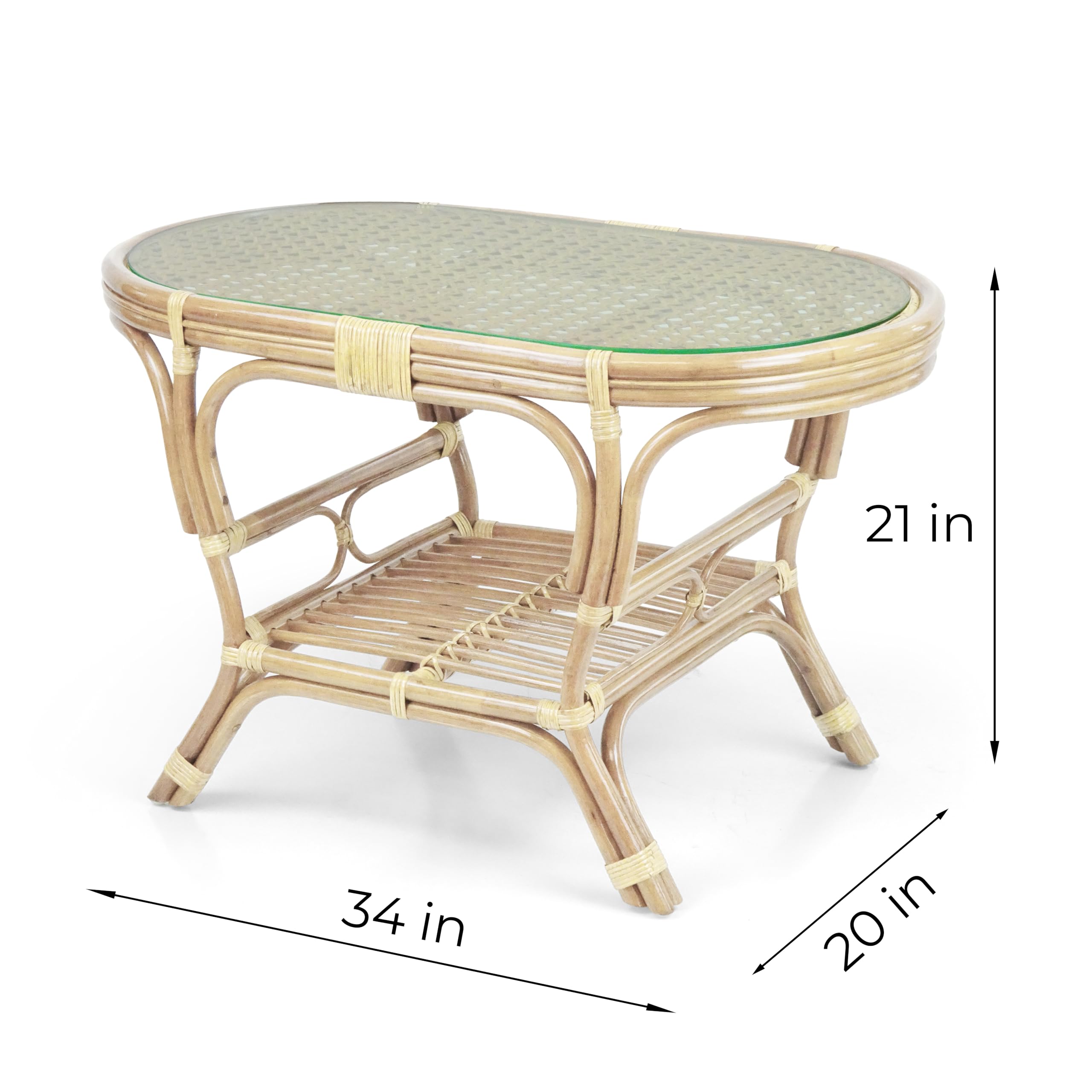 Pelangi Oval Coffee Table - Natural Rattan Wicker with Glass Top | Handmade Eco-Friendly Design for Living Room, Patio & Beach House Decor