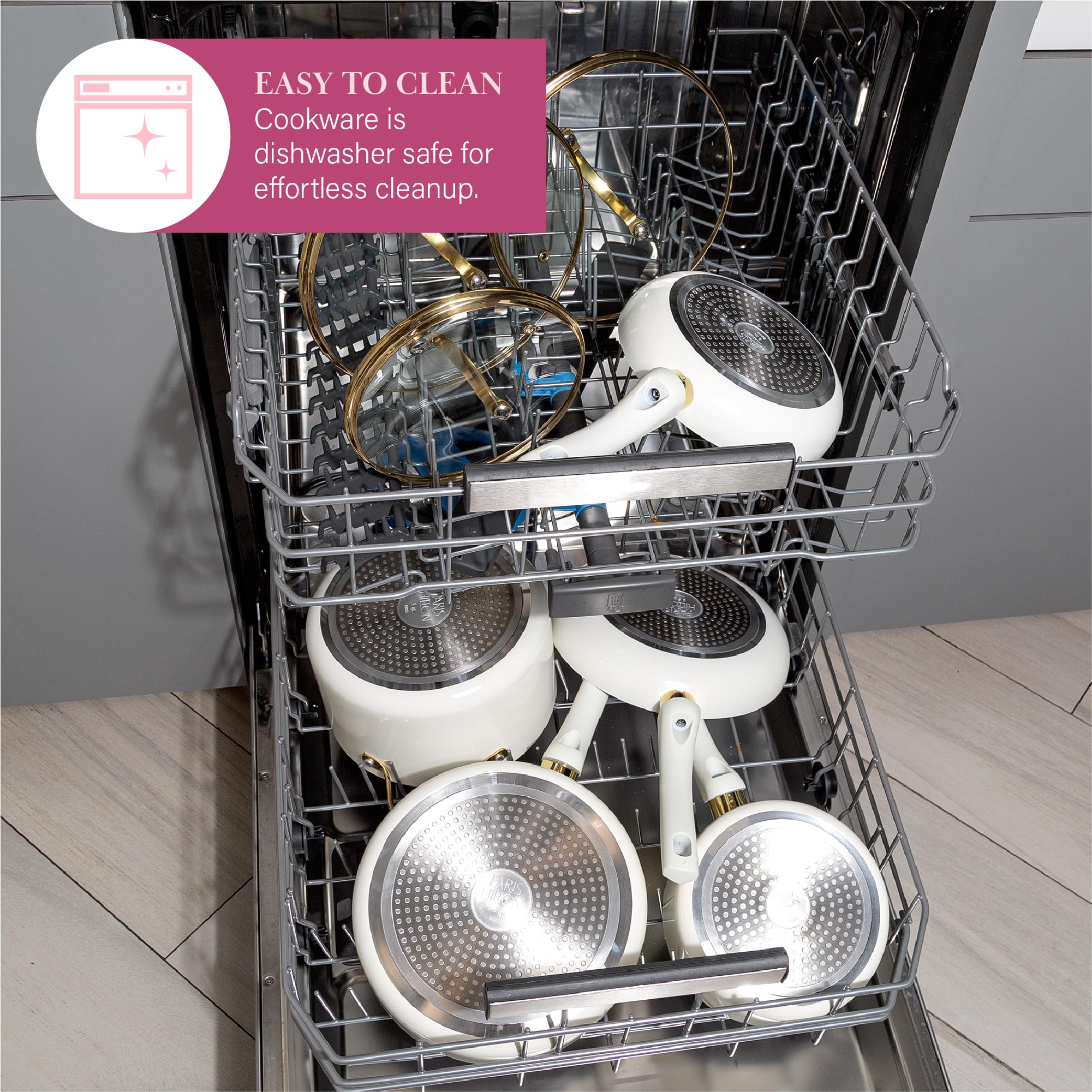 Paris Hilton Epic 12-Piece Nonstick Cookware Set - PFOA-Free Multi-Layer Coating, Tempered Glass Lids & Stay-Cool Handles - Dishwasher Safe Cream Pots & Pans for Everyday Cooking & Family Meals