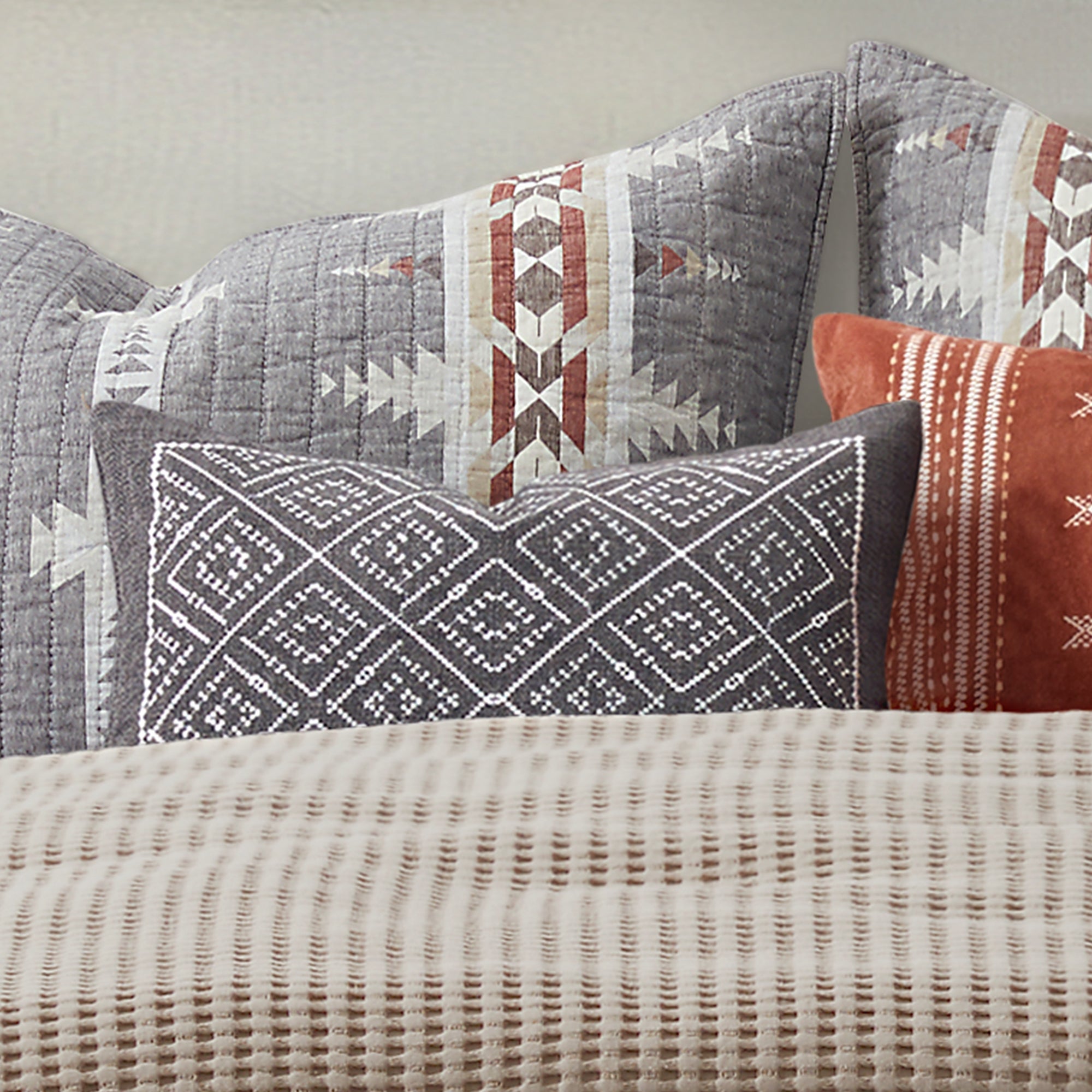 Corrales Grey Embroidered Throw Pillow Cover - Boho Home Decor Cushion for Sofa, Bed, Living Room & Nursery