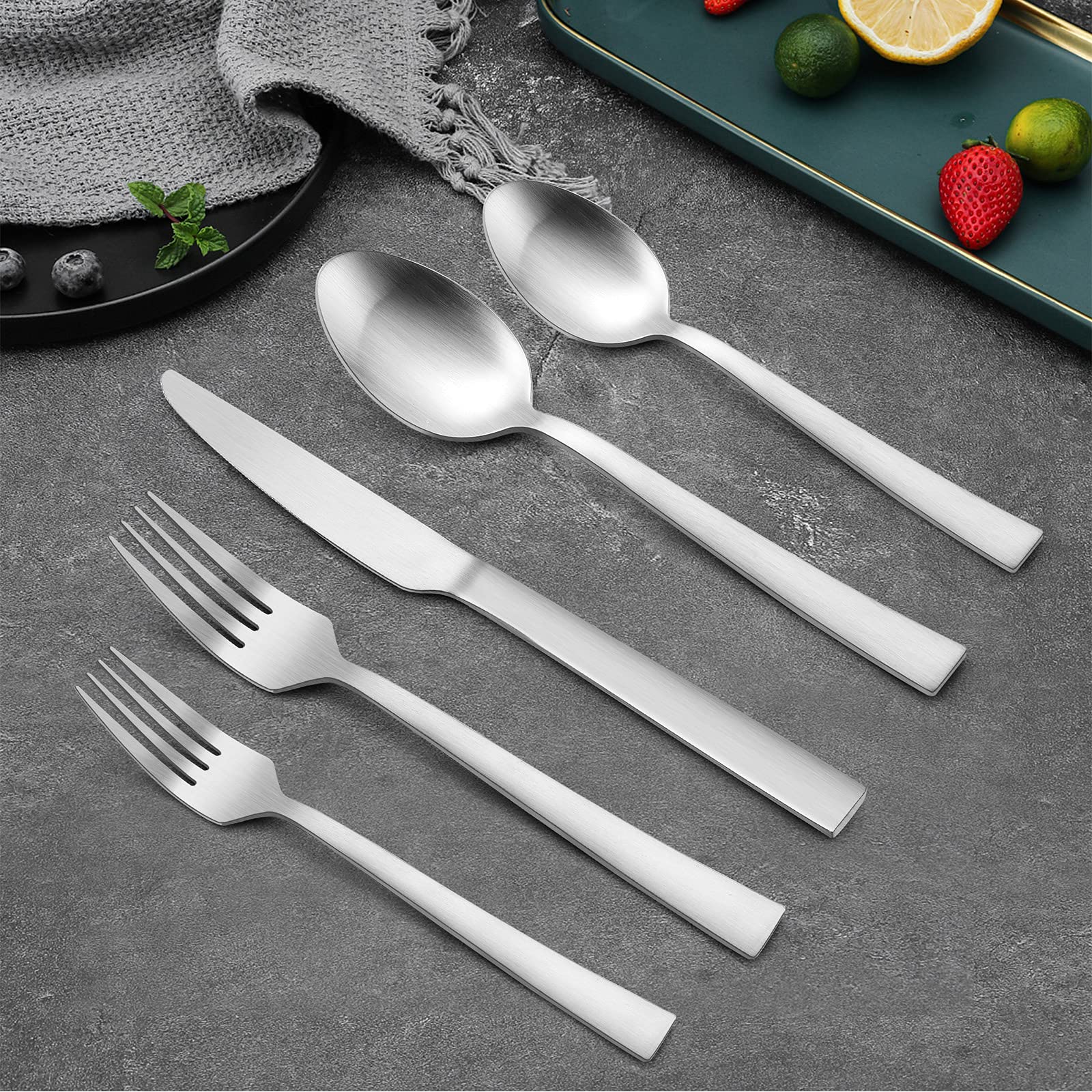 60-Piece Matte Silverware Set - Stainless Steel Flatware Service for 12 with Forks, Spoons & Knives - Elegant Square Edge Cutlery for Dining, Parties & Wedding Table Settings