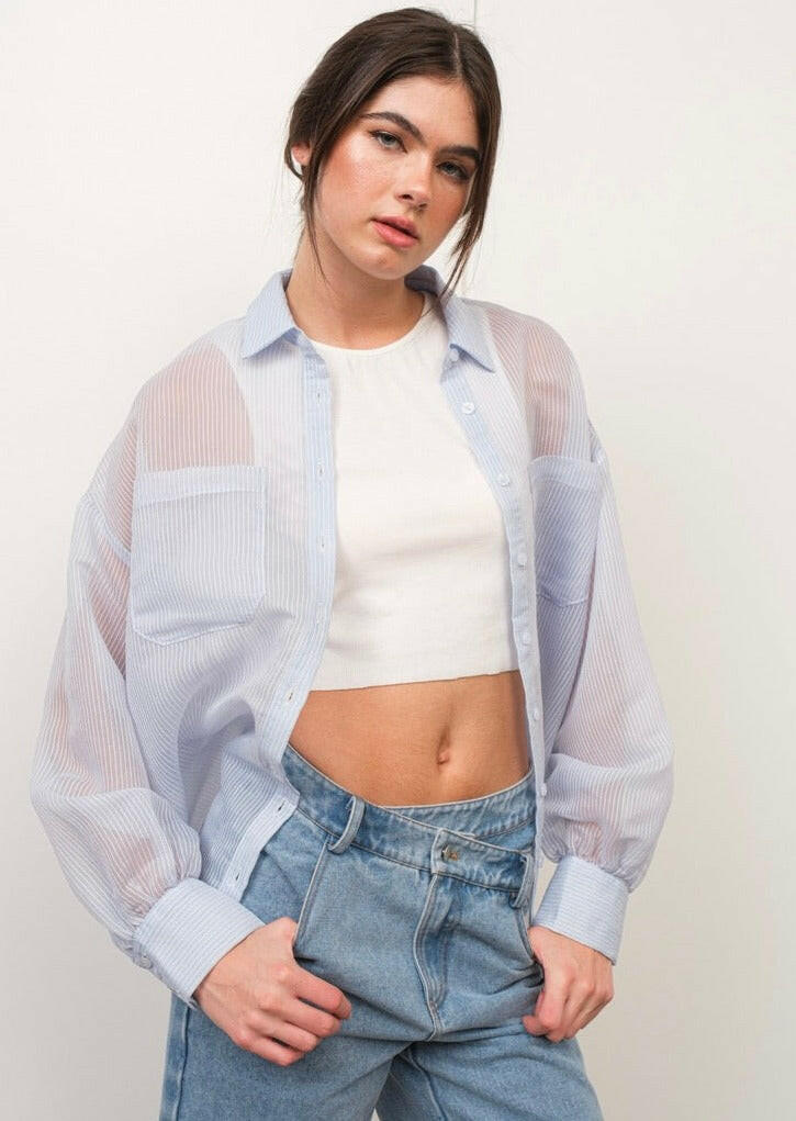 Sheer Striped Button Up Shirt for Women - Lightweight Summer Blouse with Long Sleeves - Perfect for Office, Casual Outfits and Beach Cover-Up