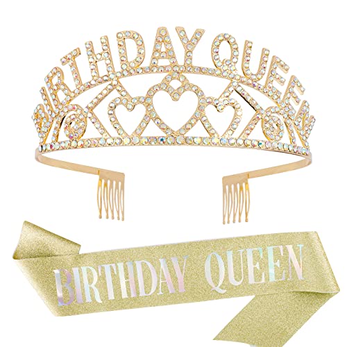 Semato Rhinestone Birthday Crown & Glitter Sash Kit - Gold Birthday Tiara Set for Women | Princess Party Decorations, Bachelorette Celebrations & Birthday Favors