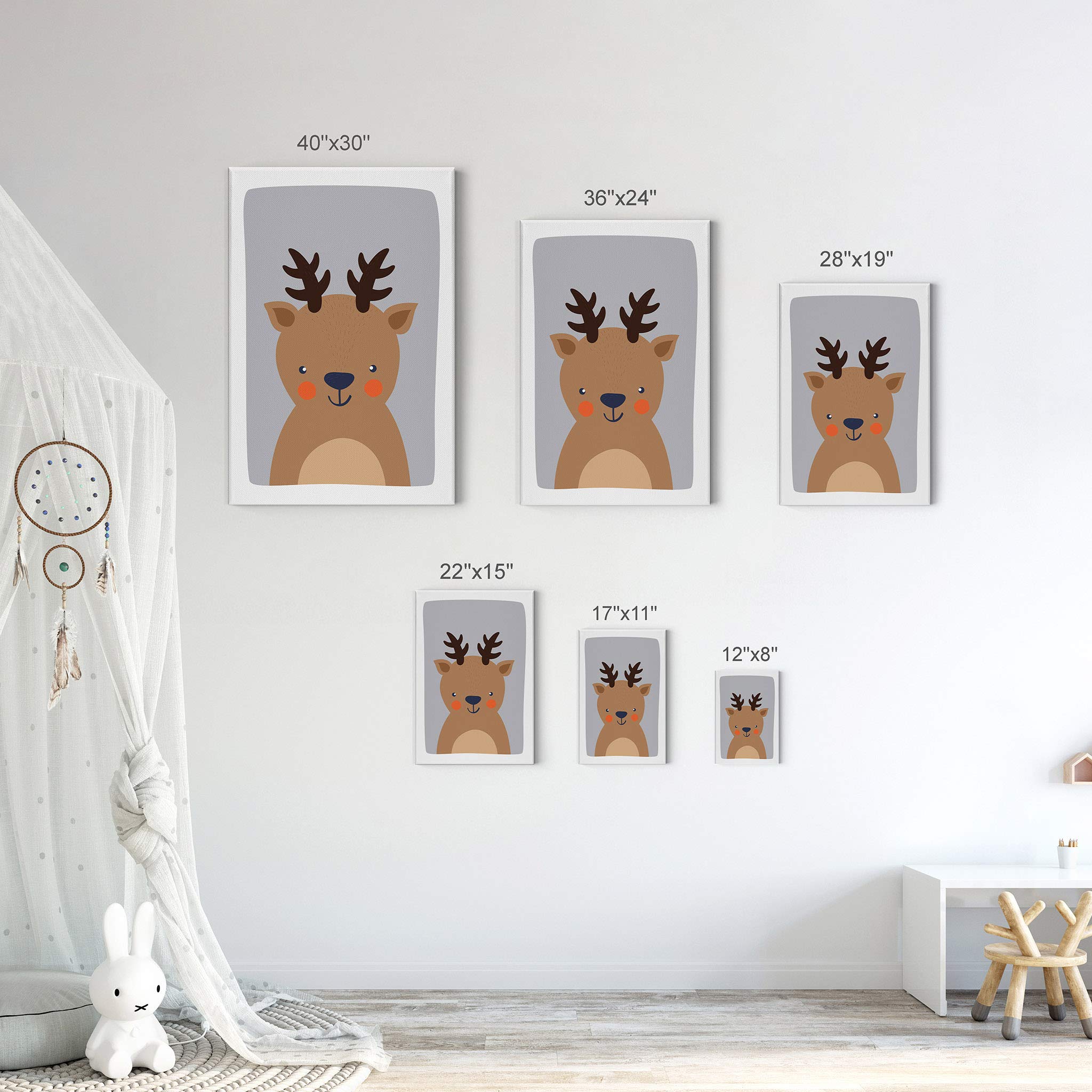 Cute Deer Blue Background Canvas Print - Kids Room Decor, Nursery Wall Art, Ready to Hang (28x19 Inches) | Made in USA | Perfect for Baby Shower Gifts & Children's Bedroom Decoration