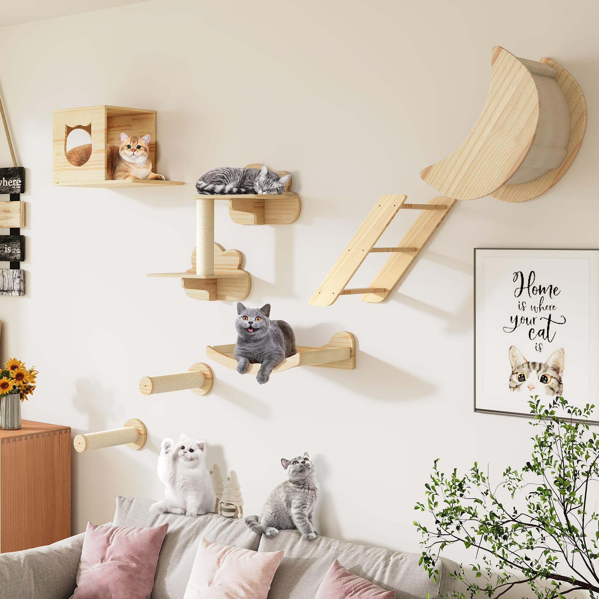 YITAHOME 9-Piece Solid Pine Wood Cat Wall Shelves and Perches Set - Wall Mounted Cat Tree with Moon Cat House & Bridge Ladder - Indoor Cat Climbing Shelves for Play, Rest, and Vertical Space (Perfect for Small Apartments & Multi-Cat Homes)