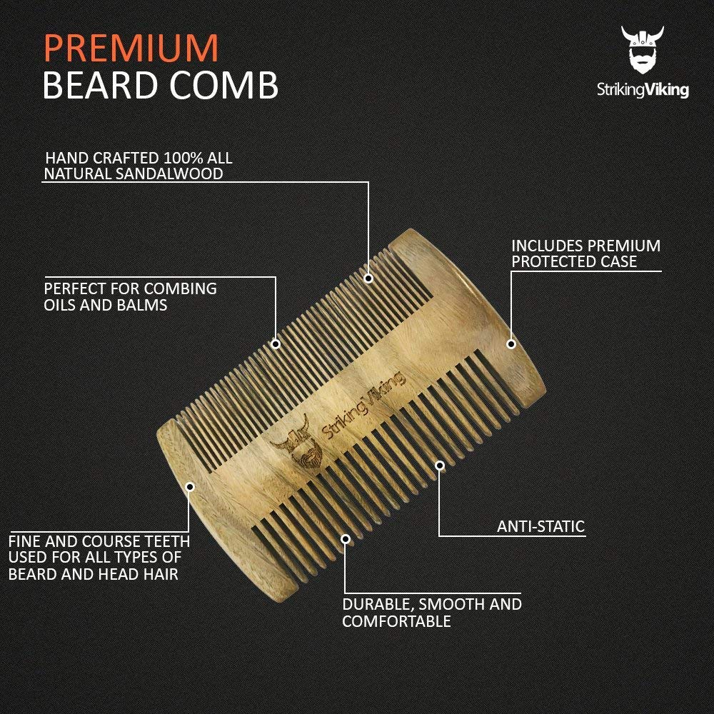 Premium Viking Sandalwood Beard Comb with Travel Case - Dual-Sided Fine & Coarse Teeth for Men's Grooming - Perfect for Beard Oil, Balm & Styling - Ideal for Travel, Home & Barbershop Use