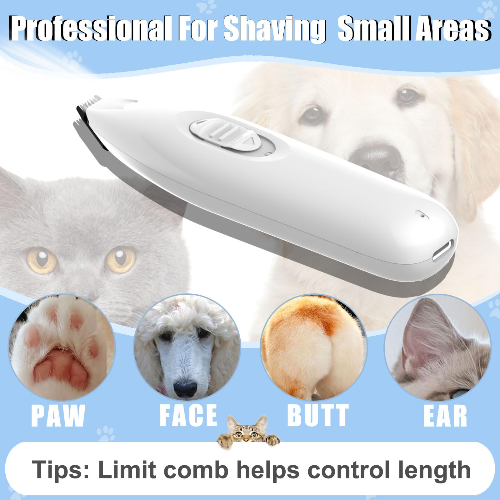 KIKETECH LED Dog Paw Trimmer - Cordless Low Noise Pet Grooming Clippers, Rechargeable Small Area Shaver for Dogs & Cats (Snow White) - Perfect for At-Home Pet Grooming & Paw Care
