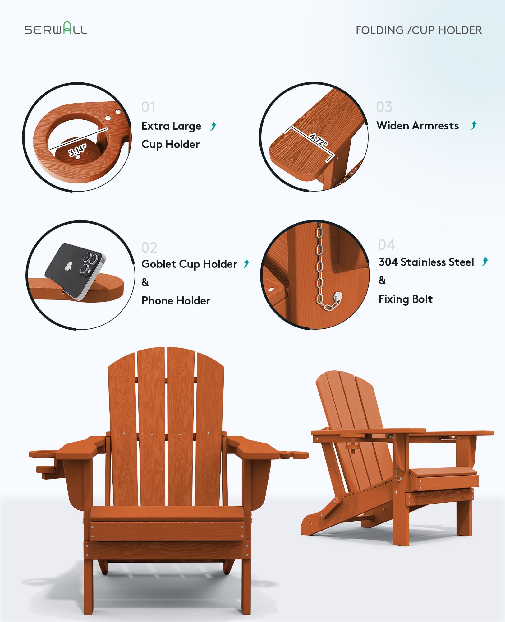 Premium SERWALL Adirondack Chair with Cup Holders - Durable HDPE Composite Outdoor Patio Furniture - All-Weather Resistant - Orange - Perfect for Backyard, Garden, Poolside & Deck Relaxation
