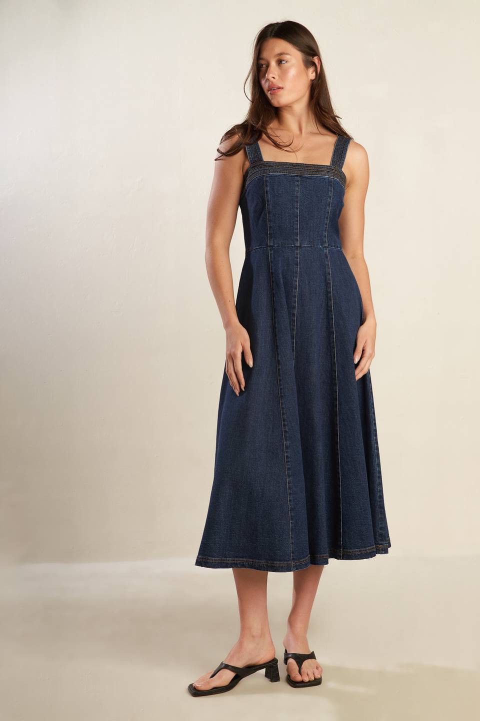 DOMINIQUE Dark Blue Denim Midi Dress for Women - Stylish Casual & Office Wear