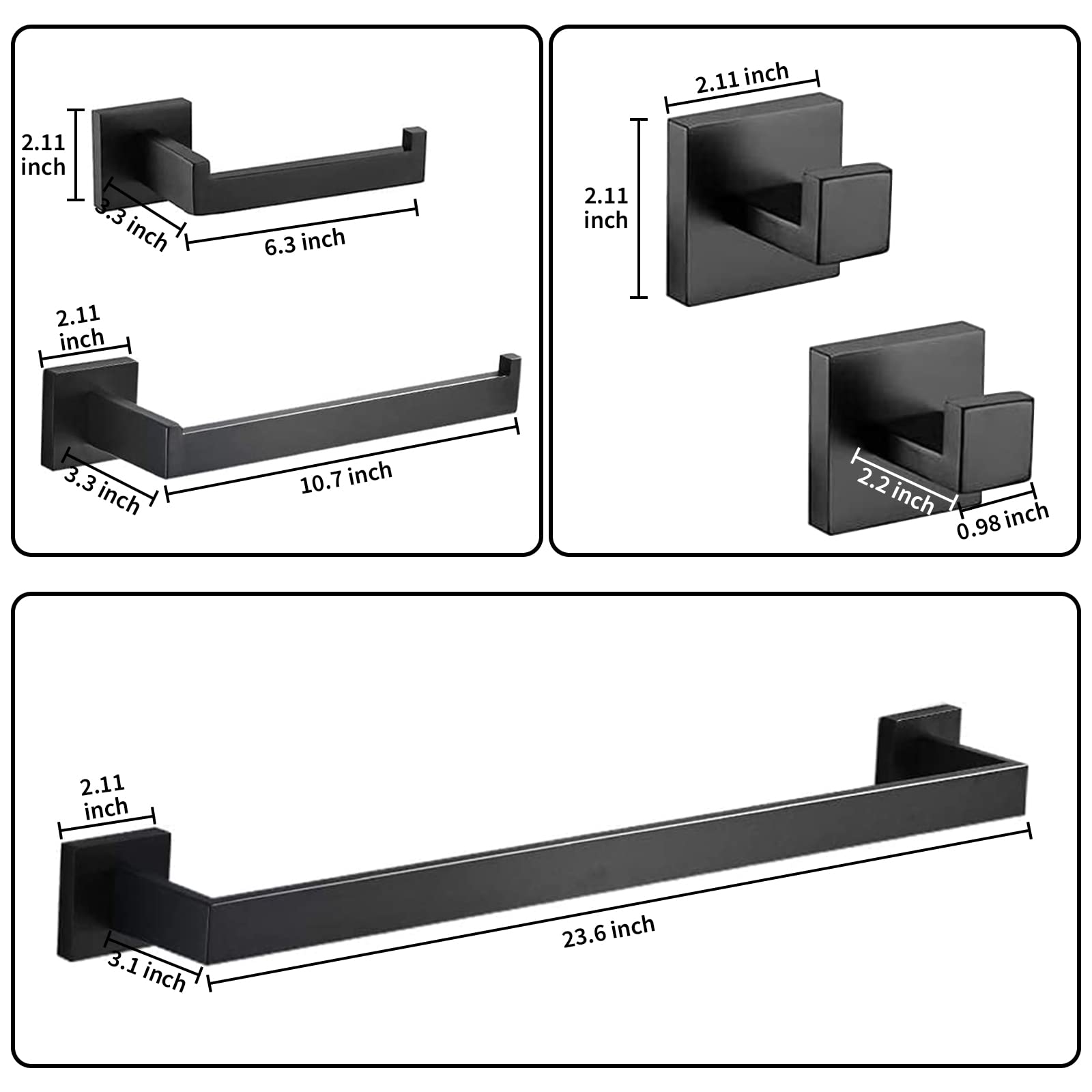5-Piece Square Bathroom Hardware Set - 60cm Black SUS 304 Stainless Steel Towel Bar, Toilet Paper Holder, Hand Towel Holder & 2 Hooks - Wall Mounted Bathroom Accessories for Modern Home & Hotel Decor