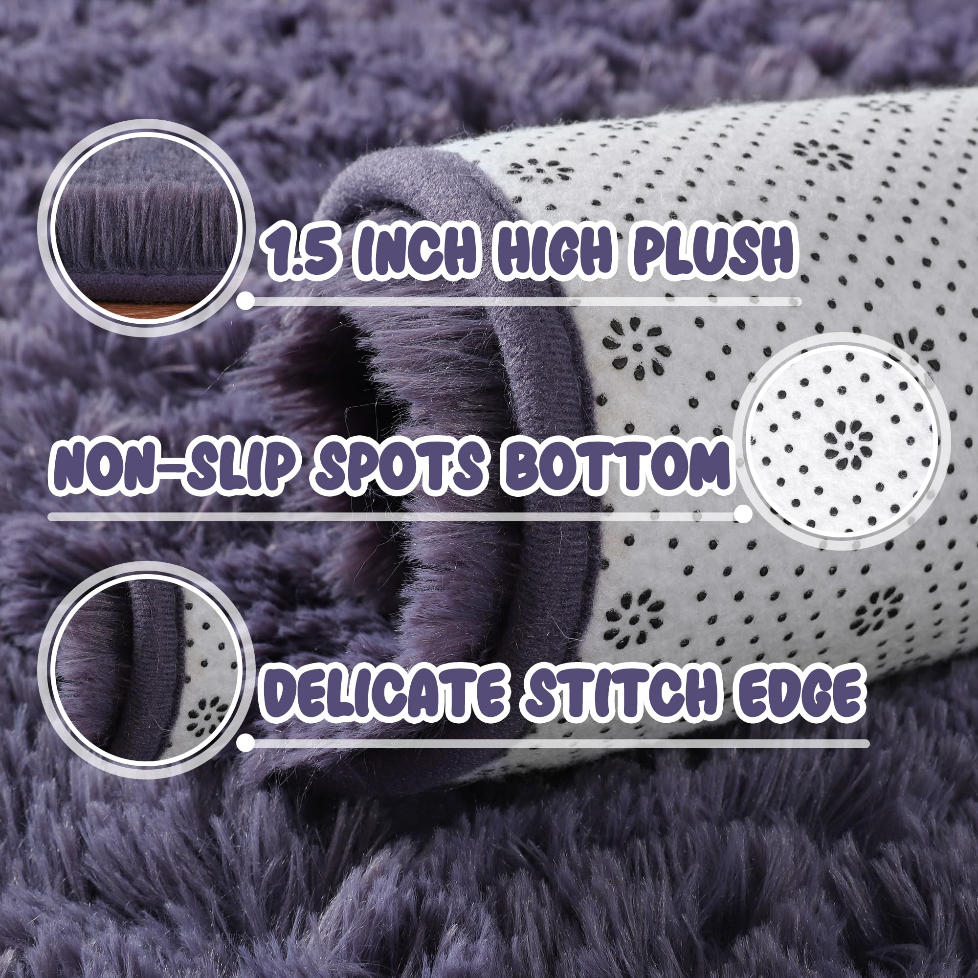Fluffy 3x5 Grey Purple Shaggy Area Rug - Soft Thick Plush Carpet for Bedroom, Living Room, Kids Room & Dorm Decor - Cozy Aesthetic Floor Mat for Girls' Bedroom, Home & Office Use