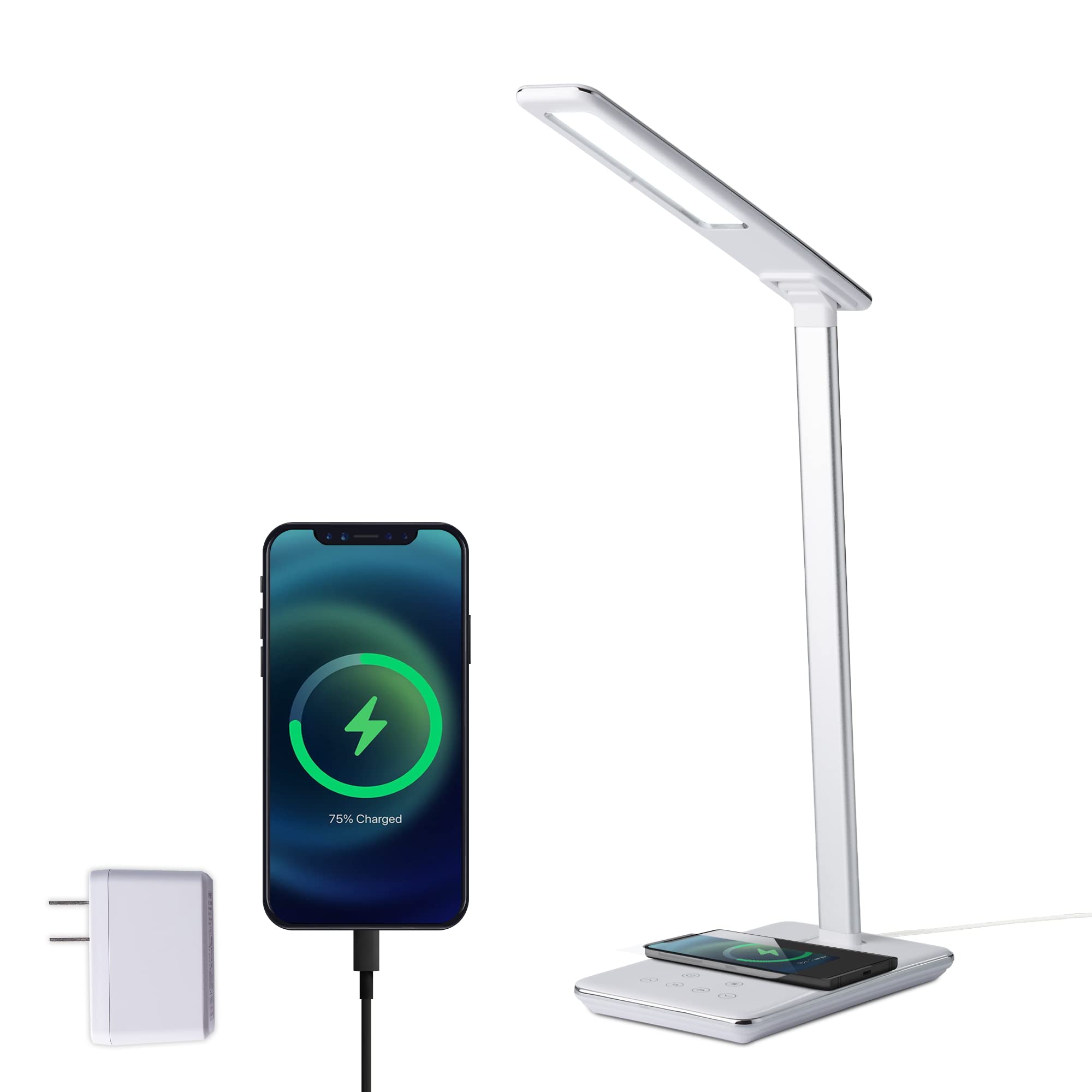 Multifunctional LED Desk Lamp with Wireless Charger & USB Port - 4 Light Modes, 6 Brightness Levels, Touch Control - Auto Timer (30/60 Min) - Eye-Caring Office Study Lamp with Adapter (White) - Perfect for Home Office, Dorm Room & Night Reading
