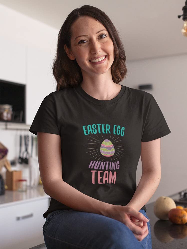 Smartprints Colorful Easter Egg Hunting Team Graphic Women's T-Shirt - Fun Easter Party Outfit & Spring Festival Apparel