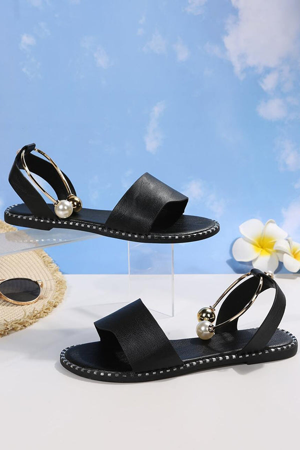 Women's Summer Flat Bottom Pearl Buckle Roman Sandals - Comfortable Casual Beach Walking Shoes for Vacation & Outdoor Activities