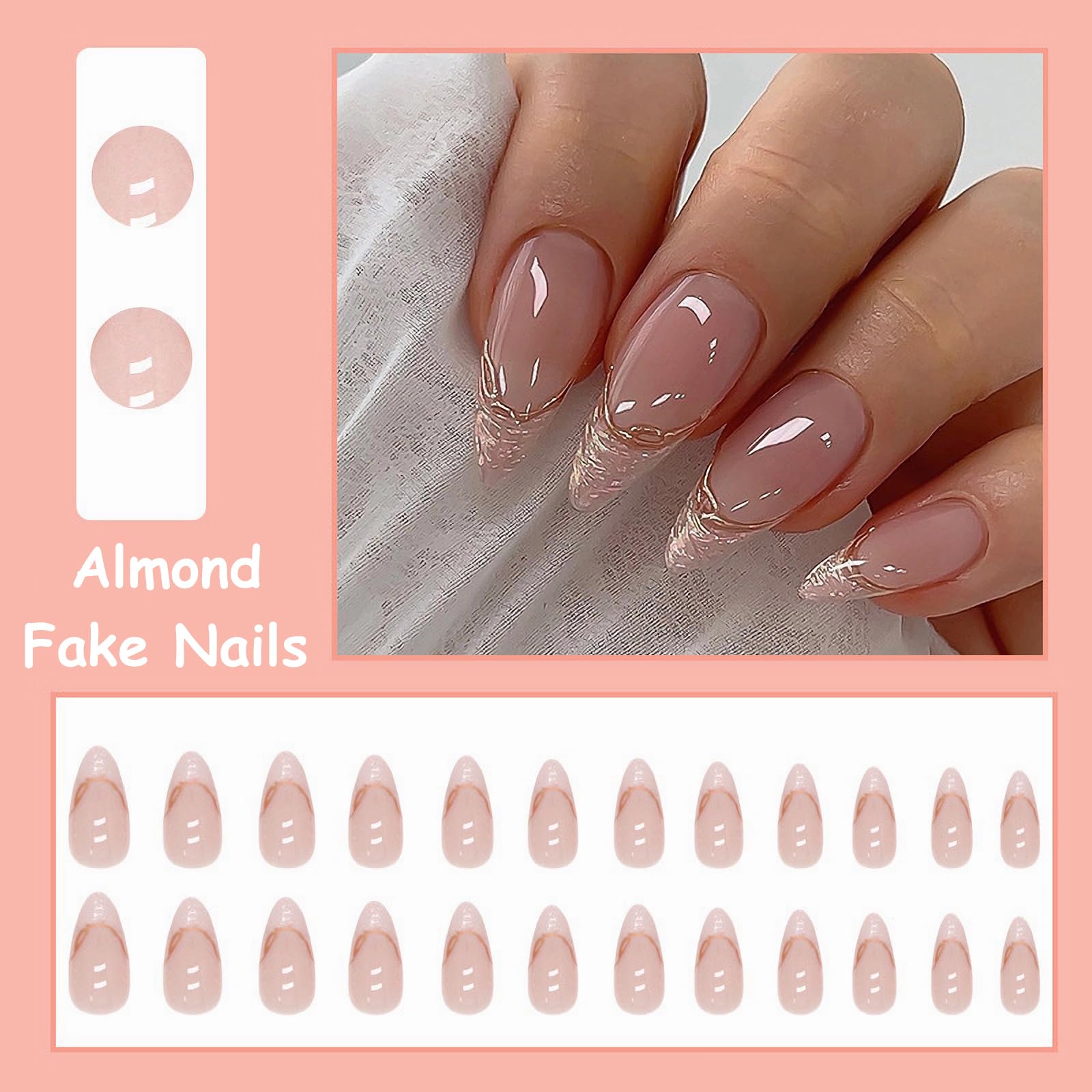MISUD 24pcs Almond Press on Nails - Chrome Bling Aurora French Tip Fake Nails with Gold Swirl & Pearl Flash Design for Women | Perfect for Parties, Weddings, and Special Occasions