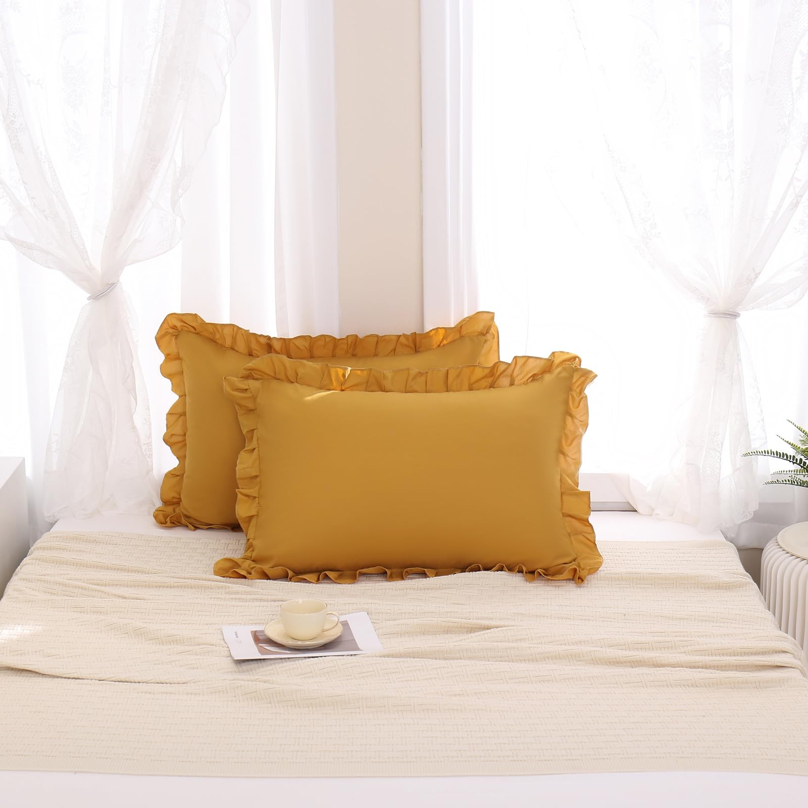 Merryword Mustard Yellow Ruffled Pillowcases Set of 2 - King Size Shabby Chic Pillow Shams with Fringe Design | Perfect for Bedroom Decor, Boho Home Accents & Cozy Farmhouse Style