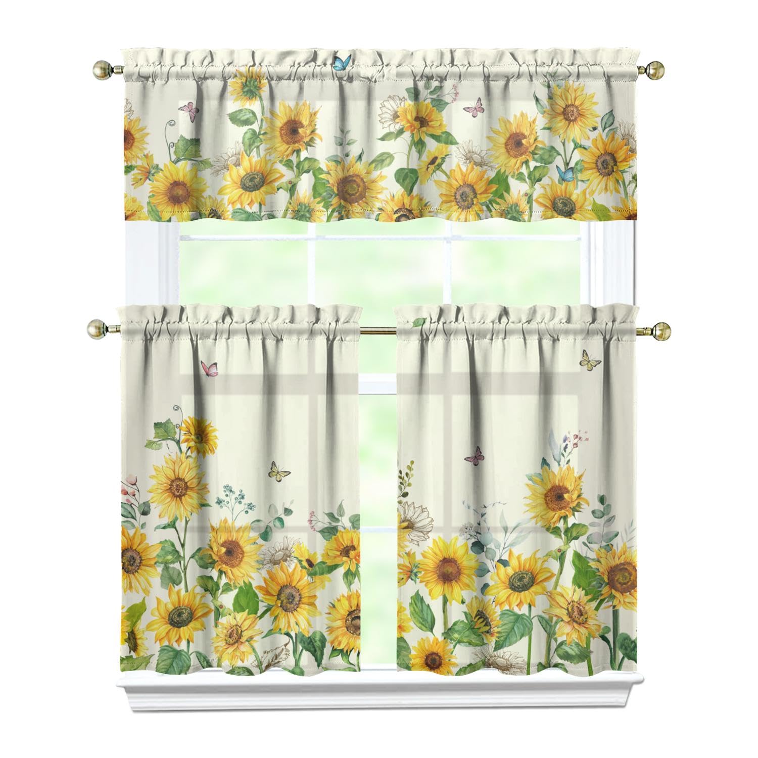 Sunflower Kitchen Valance 3-Piece Set - Floral Rustic Farmhouse Window Curtains for Sink & Kitchen Decor (36 Inch) - Perfect for Spring/Summer Home Interior & Country Style Kitchens