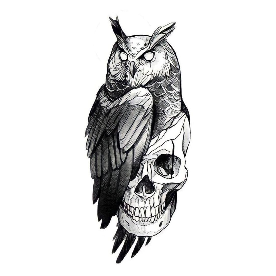 Premium Black Skull & Owl Temporary Tattoo for Men & Women - Waterproof Fake Body Art - Perfect for Halloween, Cosplay & Festival Parties