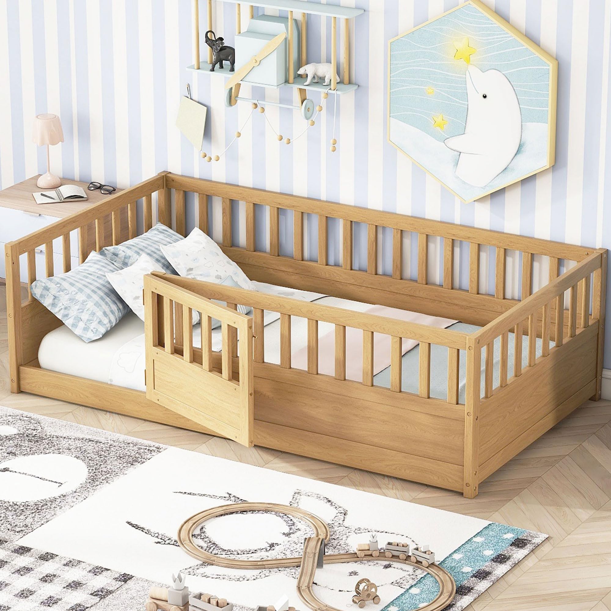 Montessori Twin Floor Bed for Kids - Wooden Low Bed with High Safety Fence & Door - Natural Wood Toddler Bed for Boys & Girls - Perfect for Bedroom, Playroom & Montessori Learning Spaces