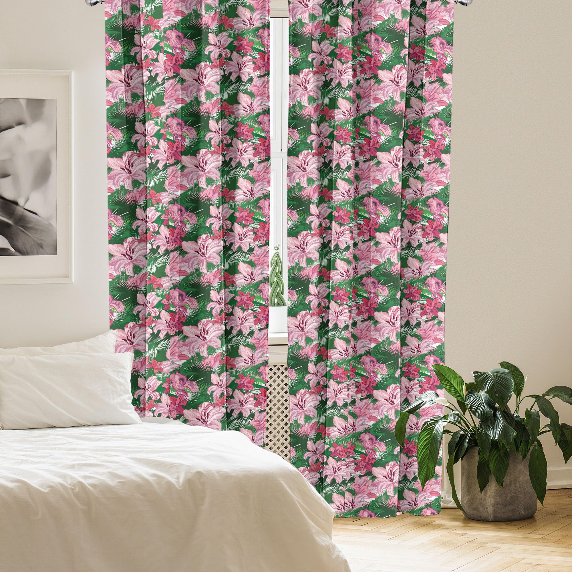 Ambesonne Tropical Jungle Curtains - Pink Hawaiian Island Blossoms Design, 2 Panel Set (28