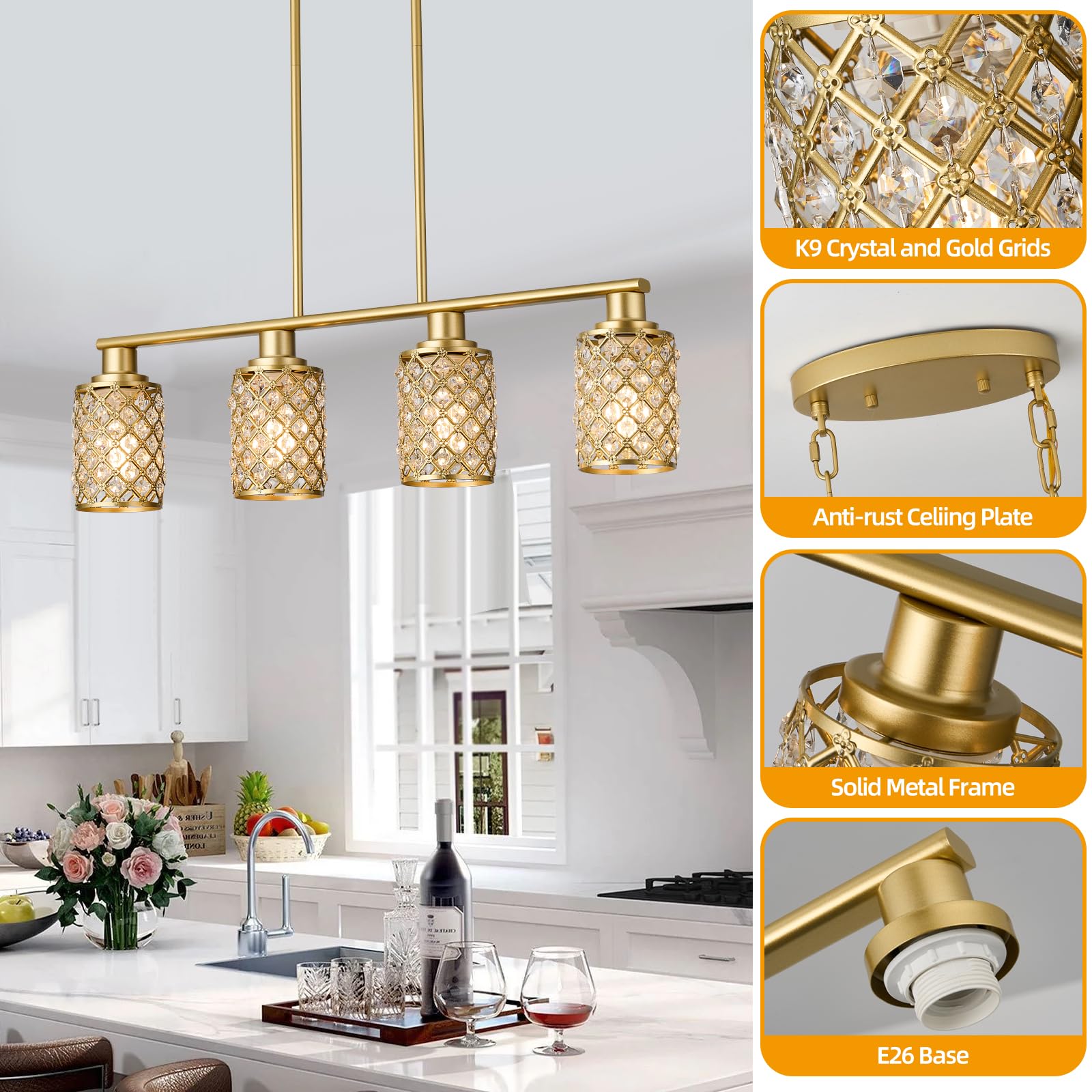 Farmhouse Gold 4-Light Linear Chandelier with K9 Crystal & Gold Grid Shade - Modern Kitchen Island Lighting & Dining Room Pendant Light Fixture for Farmhouse, Rustic, and Contemporary Home Decor (Perfect Over Dining Tables, Kitchen Islands, and Entryways)