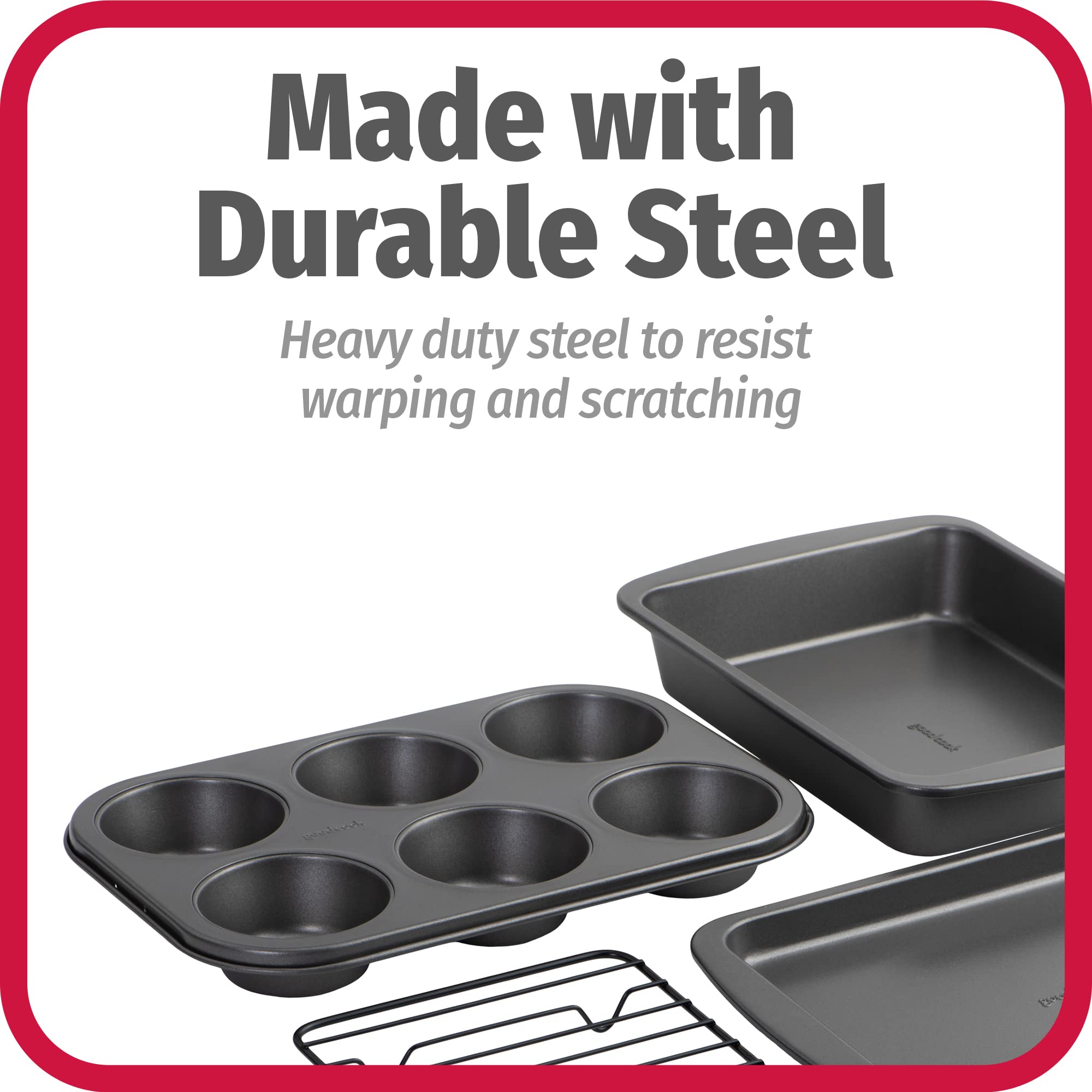 GoodCook 4-Piece Nonstick Steel Toaster Oven Baking Set - Includes Sheet Pan, Rack, Cake Pan & Muffin Pan - Even Heat Distribution, Dishwasher Safe - Perfect for Baking, Roasting & Meal Prep in Small Kitchens