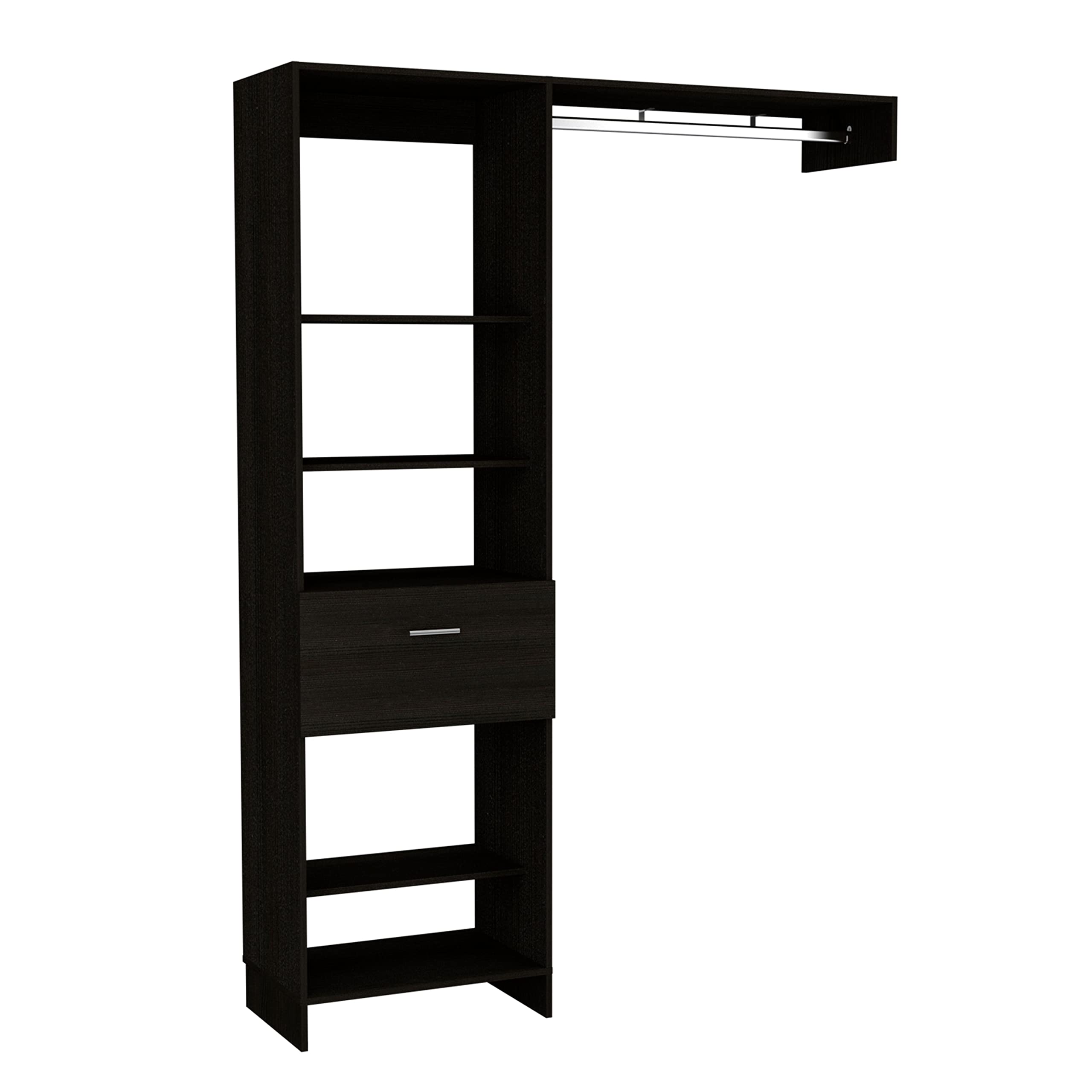 Dynamic 150 Closet Organizer System with 5 Open Shelves, 1 Drawer & Metal Clothes Rod - Black - Perfect for Bedroom, Walk-in Closet or Small Space Organization