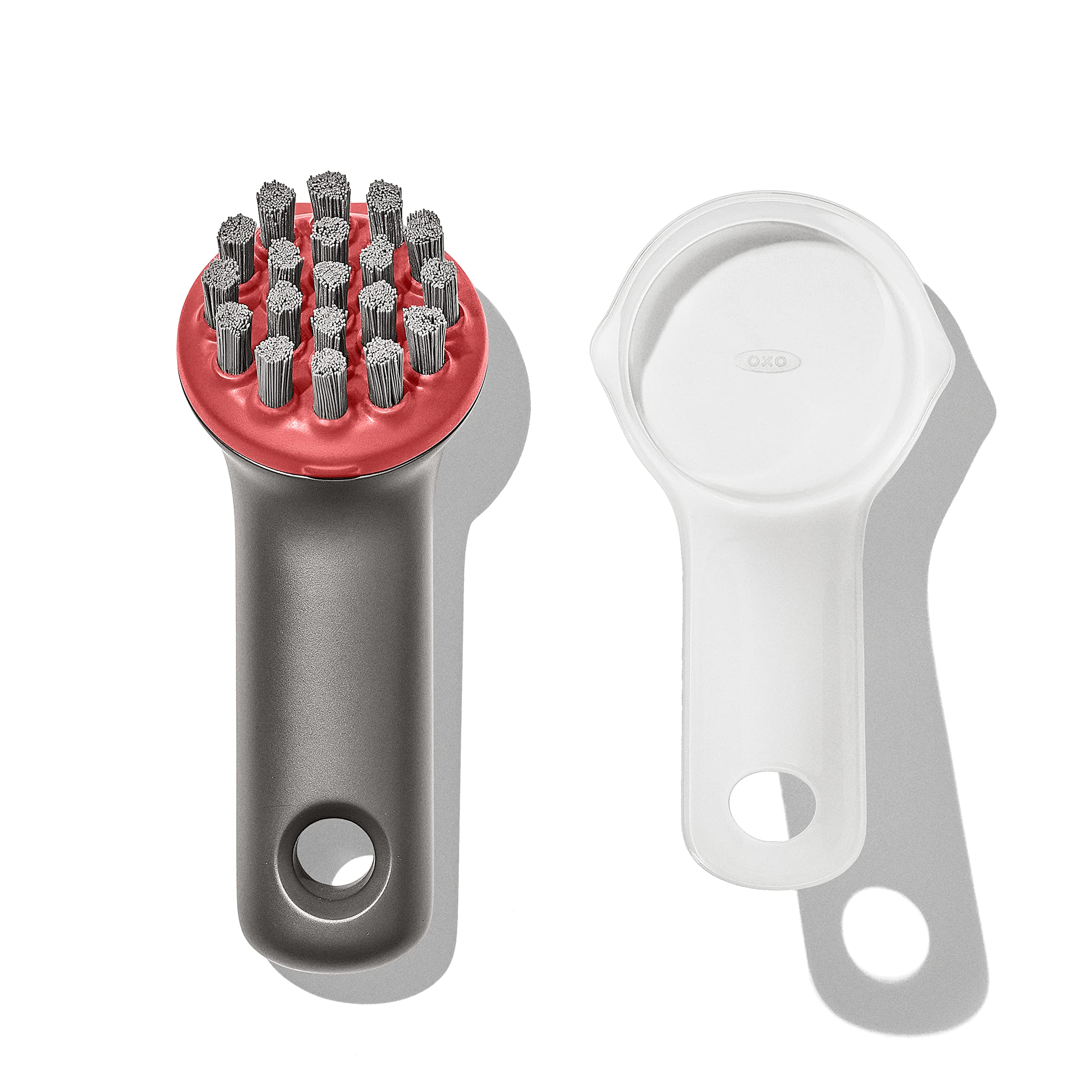OXO Outdoor Heavy Duty Cast Iron Brush with Cover - Red/Grey - Perfect for Grill Cleaning, Camping Cookware & Outdoor Cooking Accessories