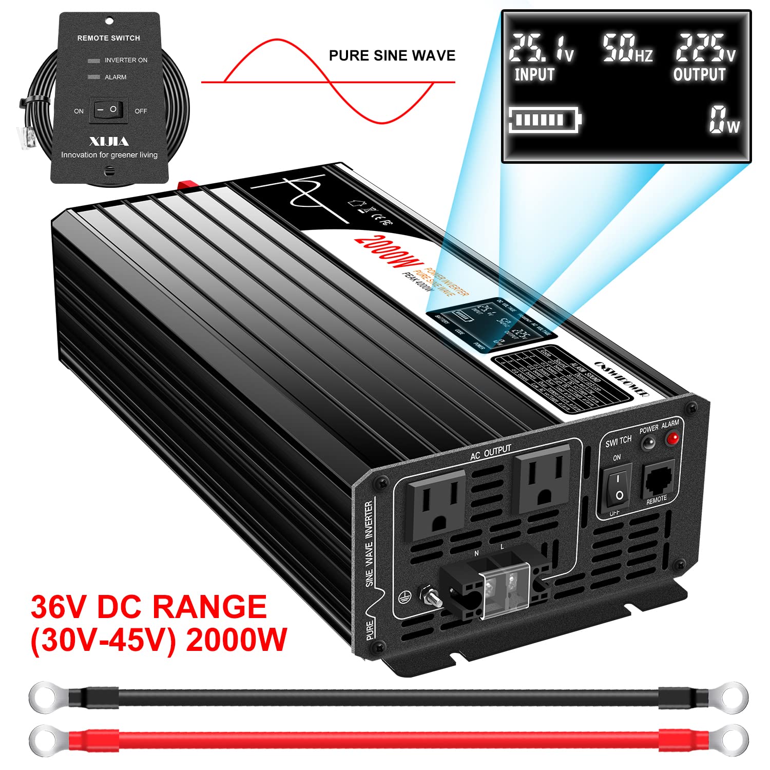 2000W Pure Sine Wave Power Inverter DC 36V to AC 120V 60Hz Solar Converter for Home, RV & Car Use - DC Input 30V-45V - Perfect for Solar Systems, Camping & Emergency Power Backup