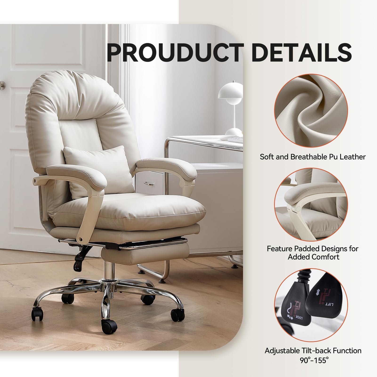 EMIAH Ergonomic Office Chair with Adjustable Footrest, Reclining Back & Lumbar Support - PU Leather Swivel Computer Chair with Wheels for Home & Executive Office - Perfect for Long Work Hours & Gaming Sessions (Beige)