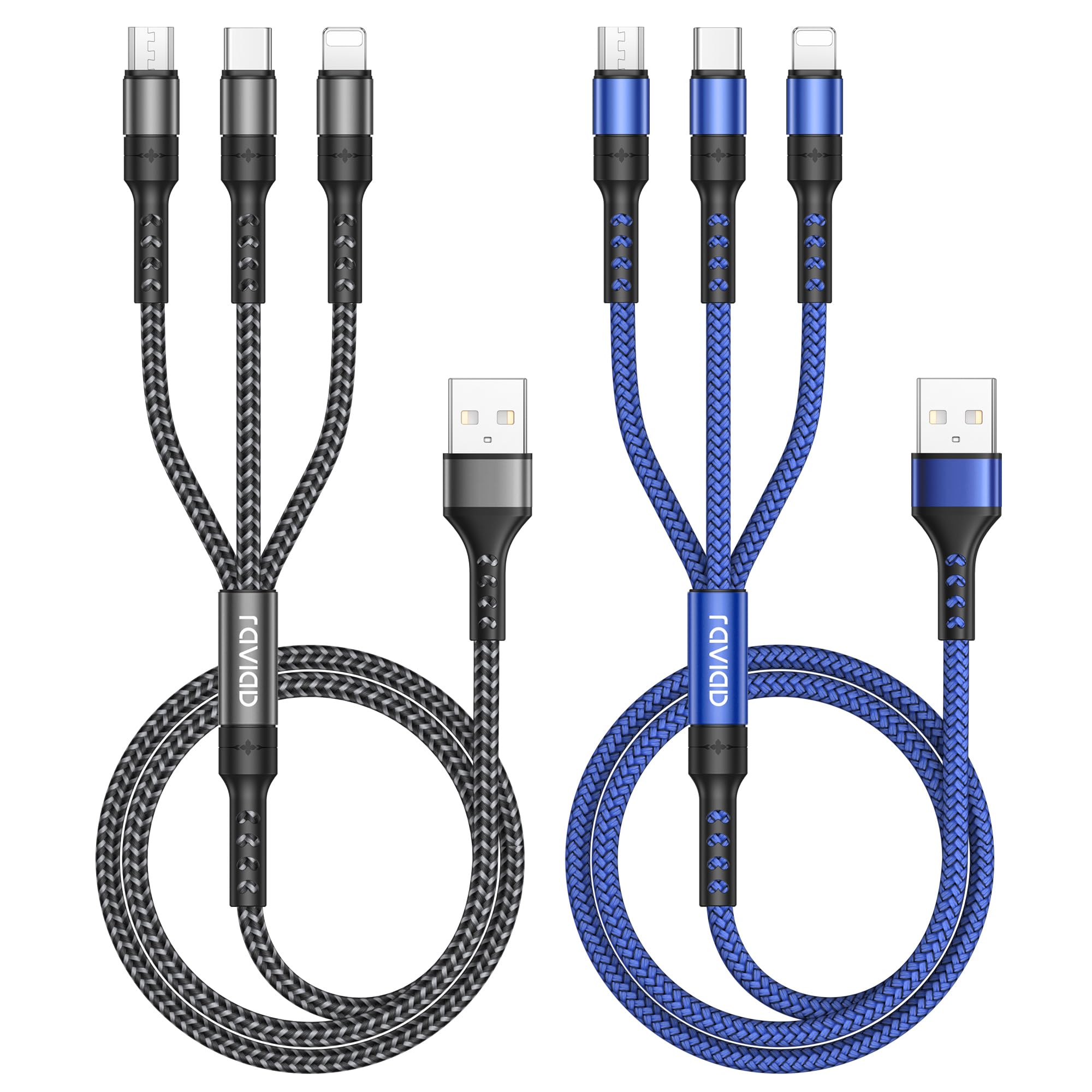 RAVIAD 3-in-1 Nylon Braided Charging Cable [2Pack 1.2M] - Micro USB, Type C & Lightning Cable for iPhone, Android, Samsung Galaxy, Huawei, OnePlus, LG - Fast Charging Cord for Home, Office & Travel Accessories
