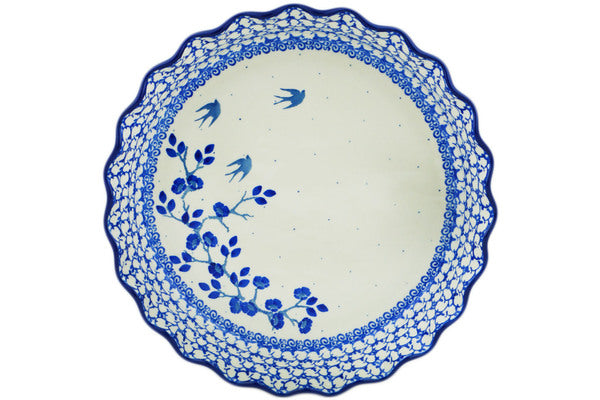 10-Inch Fluted Ceramic Pie Dish - Blue Spring Swallow Design | Perfect for Baking Apple Pies, Quiches & Holiday Desserts | Oven & Dishwasher Safe