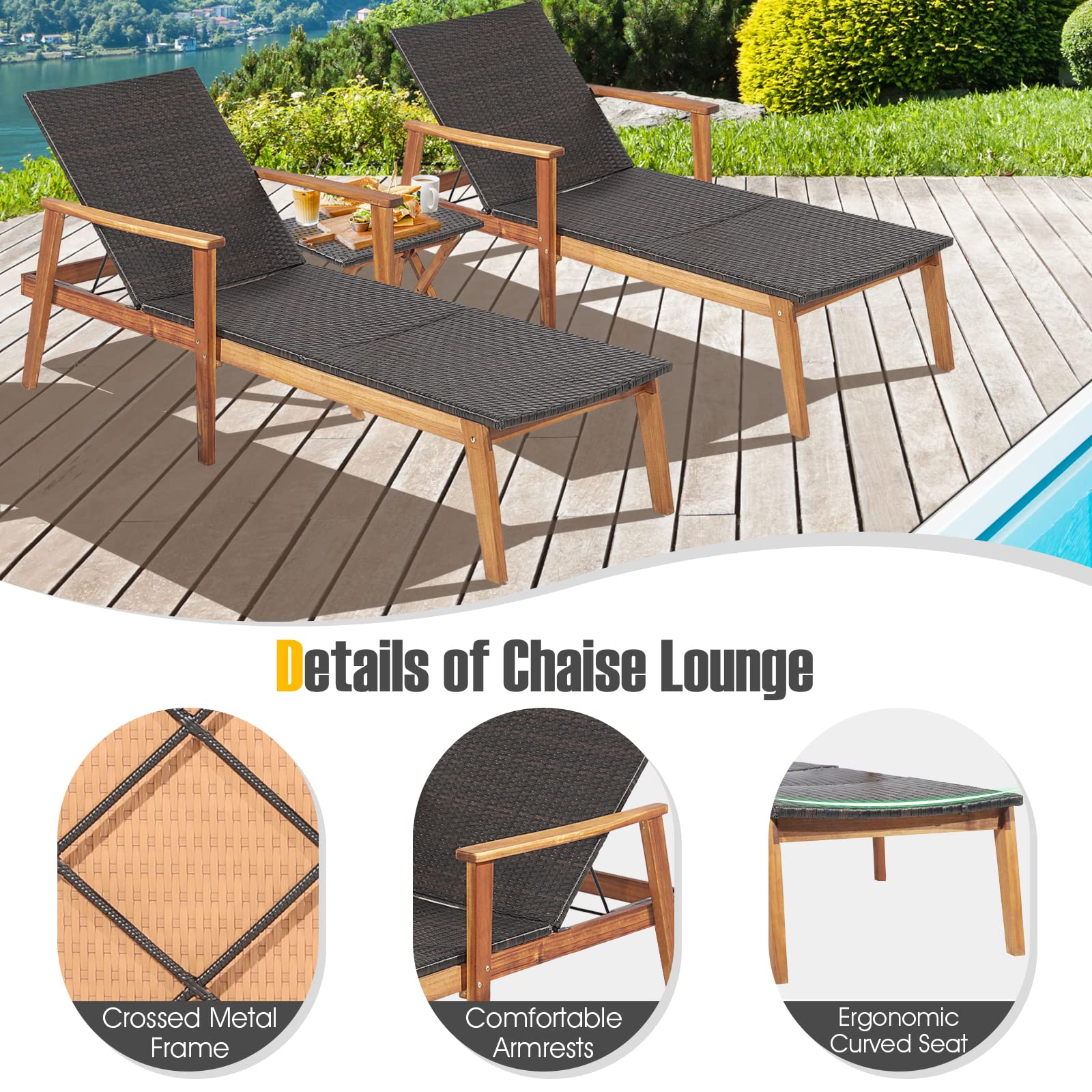 Tangkula 3-Piece Outdoor Patio Furniture Set - Acacia Wood Rattan Chaise Lounge Chairs with Adjustable Backrest & Folding Side Table - Durable Mix Brown Recliner Set for Backyard, Poolside, Garden Relaxation