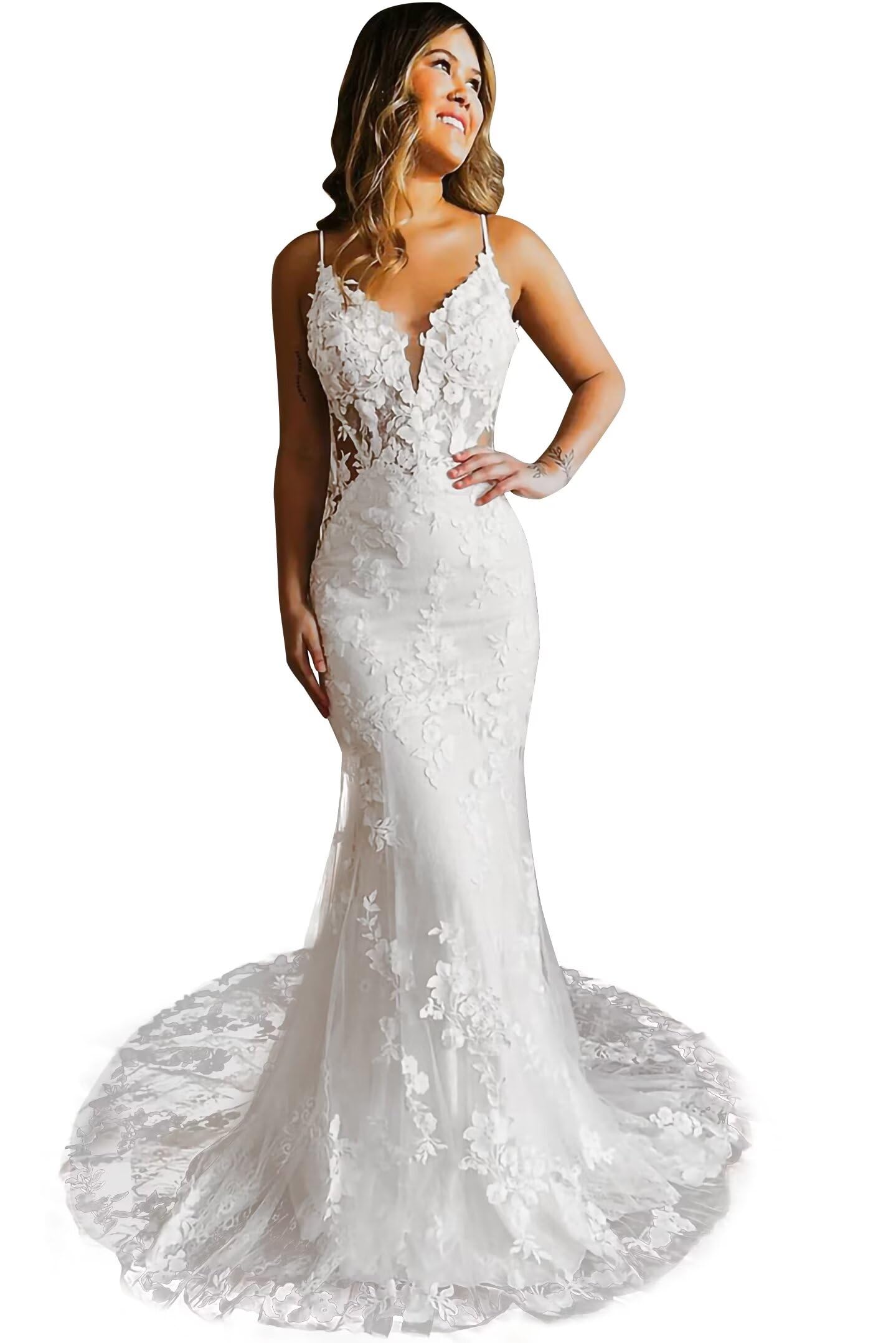 Elegant Tulle Wedding Dress with Applique - Spaghetti Strap Mermaid Bridal Gown V-Neck Formal Gown for Bride | Perfect for Beach Weddings, Church Ceremonies, and Romantic Photoshoots