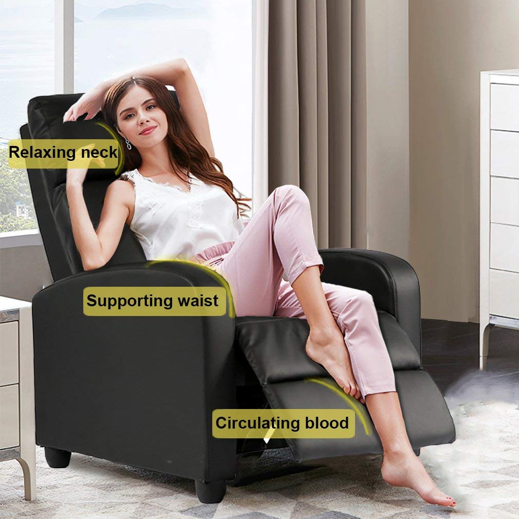 PU Leather Recliner Chair with High-Density Sponge - Wide Seat Living Room Lounge Chair for Home Theater, Office & Relaxation (Black)