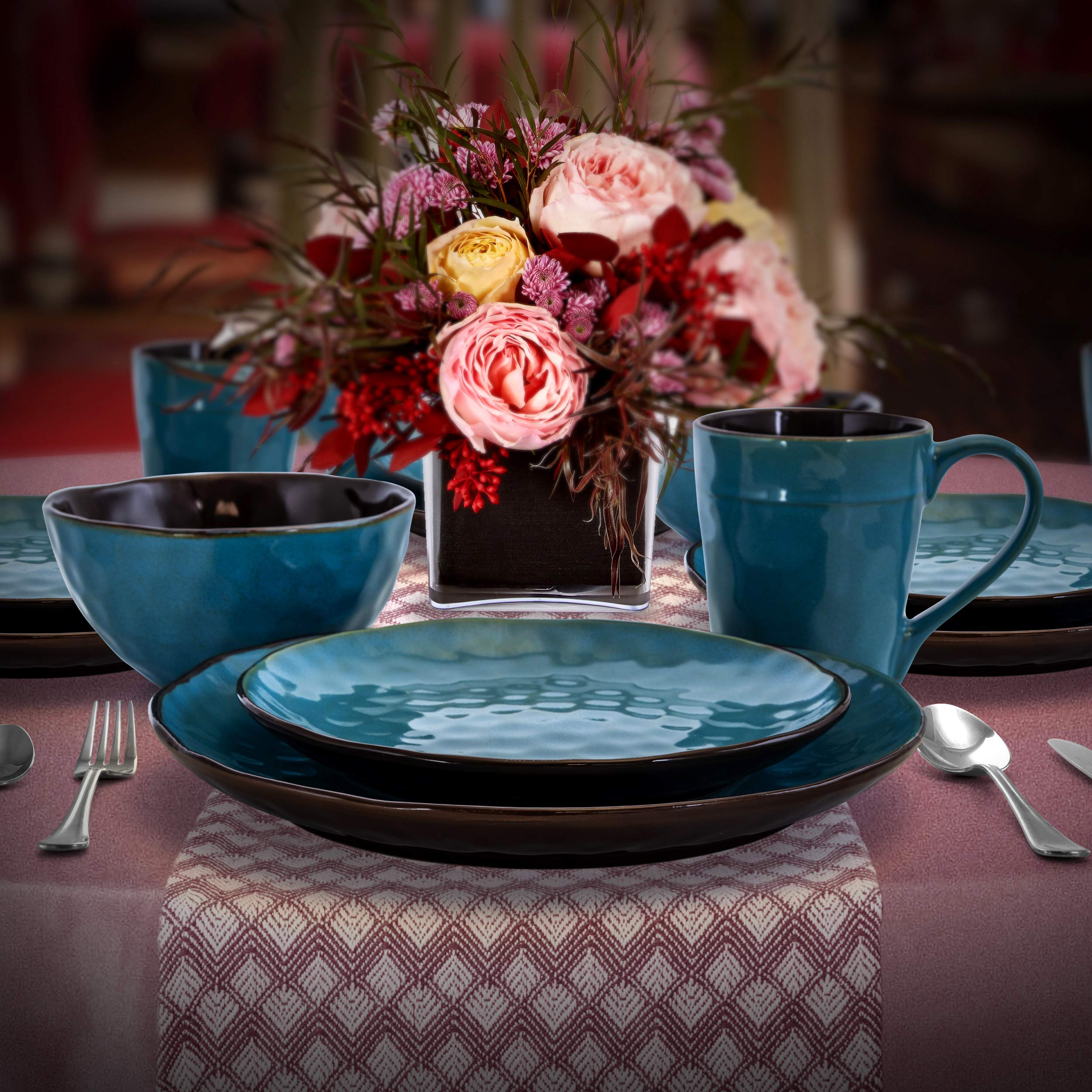 Elama Sea Glass 16-Piece Round Stoneware Dinnerware Set in Turquoise - Elegant Dinner Plates, Bowls & Mugs for Home, Restaurant, or Beachside Dining