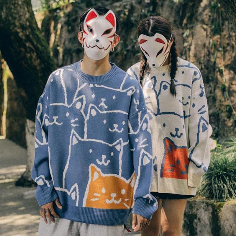 Japanese Gothic Cat Graphic Men's Grandpa Sweater - Emo Alt Crewneck Knit Long Sleeve Top | Y2K Fashion for Streetwear, Cosplay & Alternative Clothing Lovers