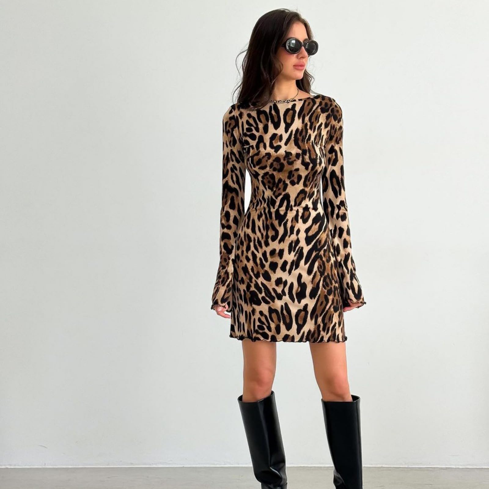 Leopard Print Bodycon Mini Dress for Women - Long Sleeve Back Tie Detail Fitted Party Dress | Perfect for Night Out, Date Night & Club Wear