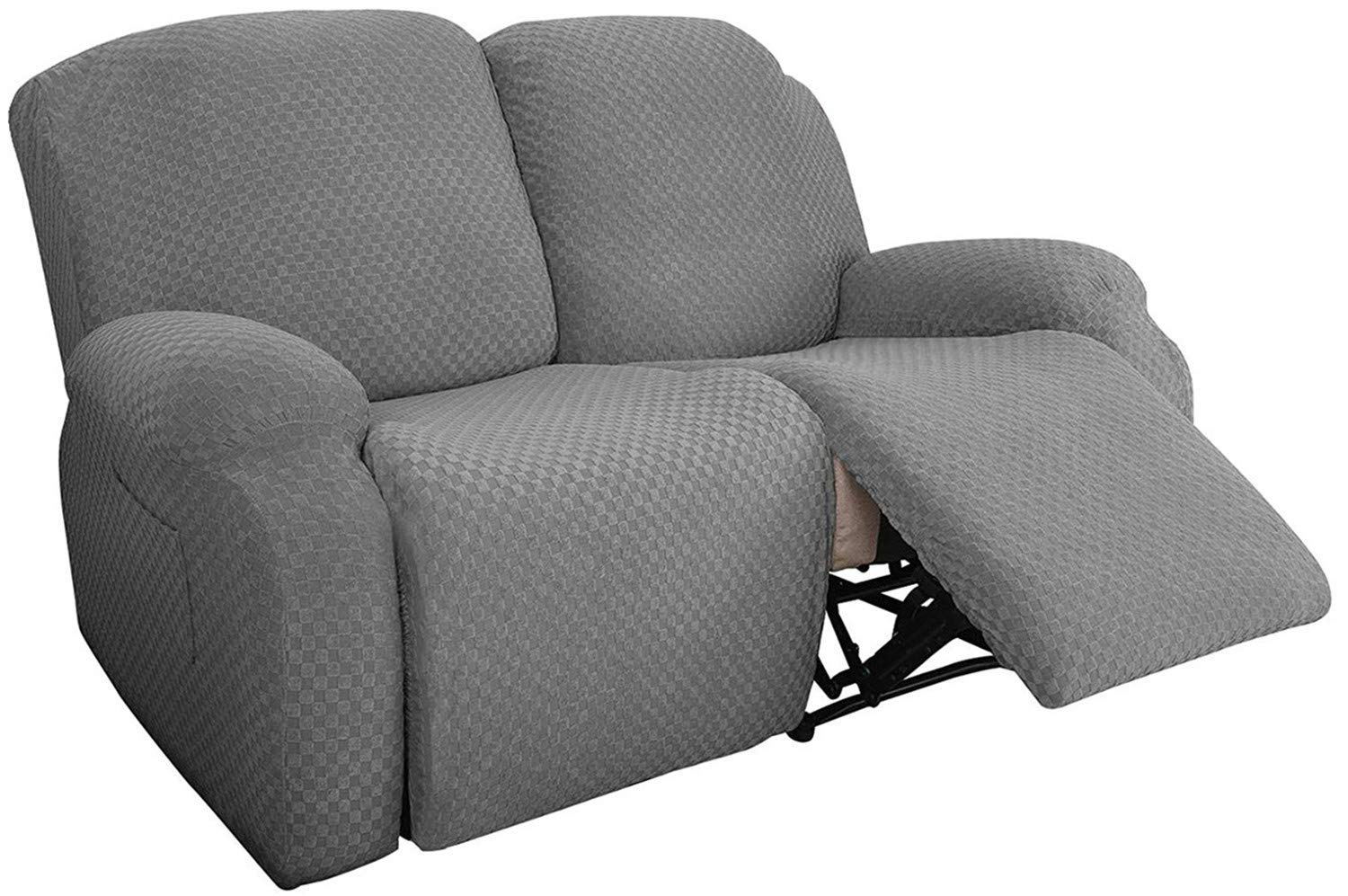 6-Piece Stretch Jacquard Recliner Sofa Slipcover with Side Pockets - Light Gray Elastic Bottom Furniture Protector for Loveseat & Reclining Couches | Perfect for Living Room, Home Theater & Family Room Protection